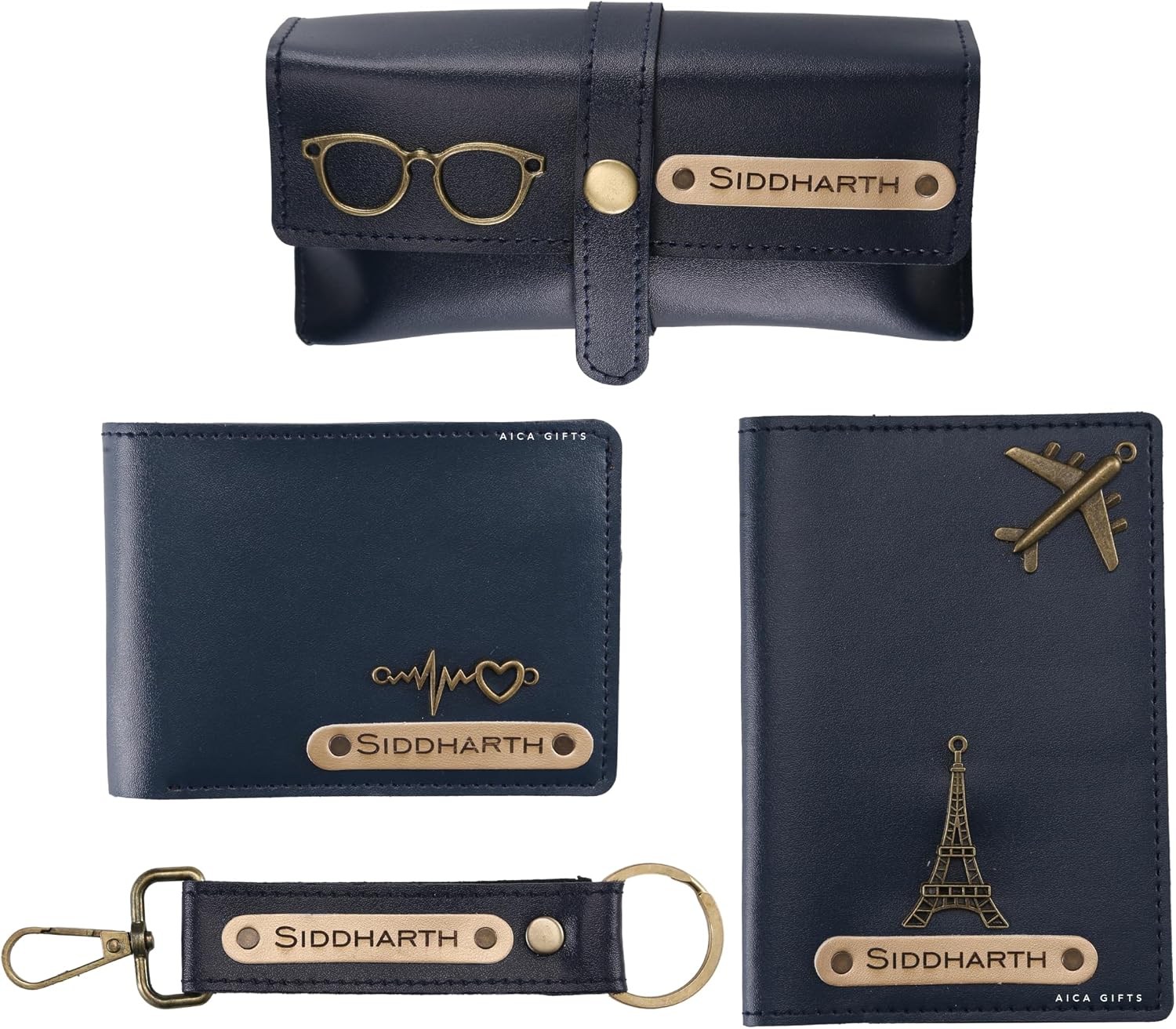 AICA Personalized Name & Charm Leather Wallet Mens Combo Giftset (Navy Blue) | Customized Birthday Anniversary Wedding Engagement Gifts for Brother Husband Father Boyfriend Boy Friend | Gifts Hamper