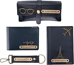 AICA Personalized Name & Charm Leather Wallet Mens Combo Giftset (Navy Blue) | Customized Birthday Anniversary Wedding Engagement Gifts for Brother Husband Father Boyfriend Boy Friend | Gifts Hamper