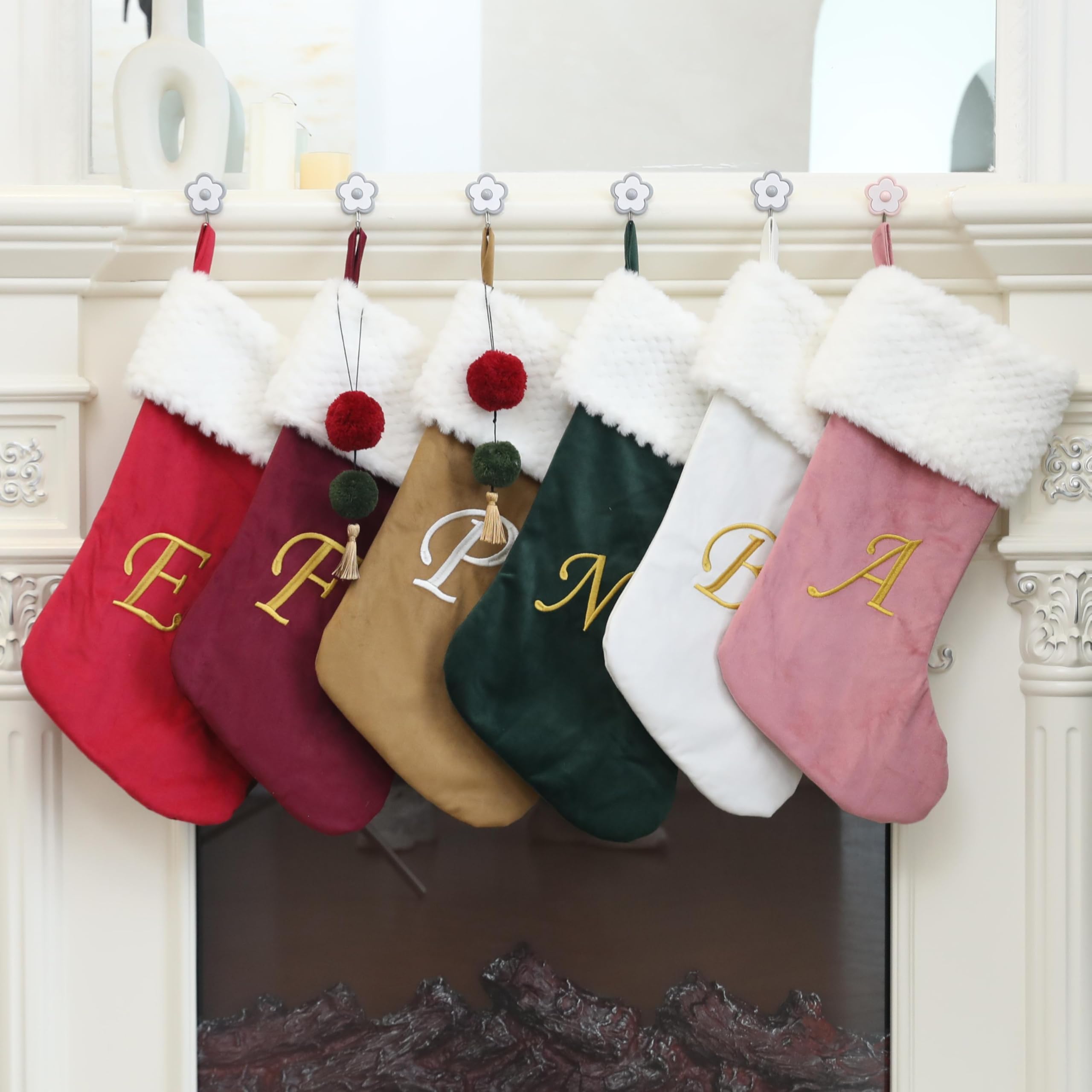 Pxniy 19.5 inches Personalized Velvet Christmas Stocking,Initials Embroidered Letter Christmas Stocking with pom poms, for Fireplace Hanging Decor and Xmas Gift(Red E)