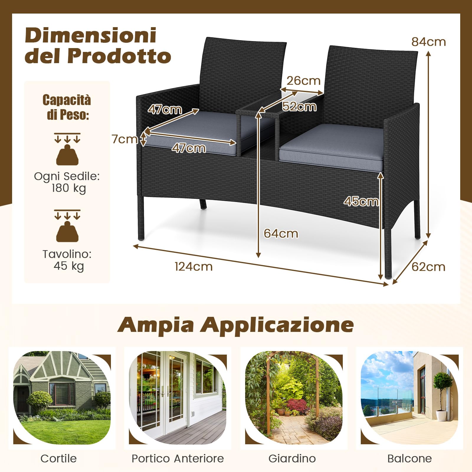 COSTWAY Panchina da Giardino in Rattan PE 62 x 124 x 84 cm, Divano da Esterno con Tavolino in Vetro Temperato e Cuscini Imbottiti, Poltrona con 2 Posti per Balcone, Piscina e Cortile (Grigio)