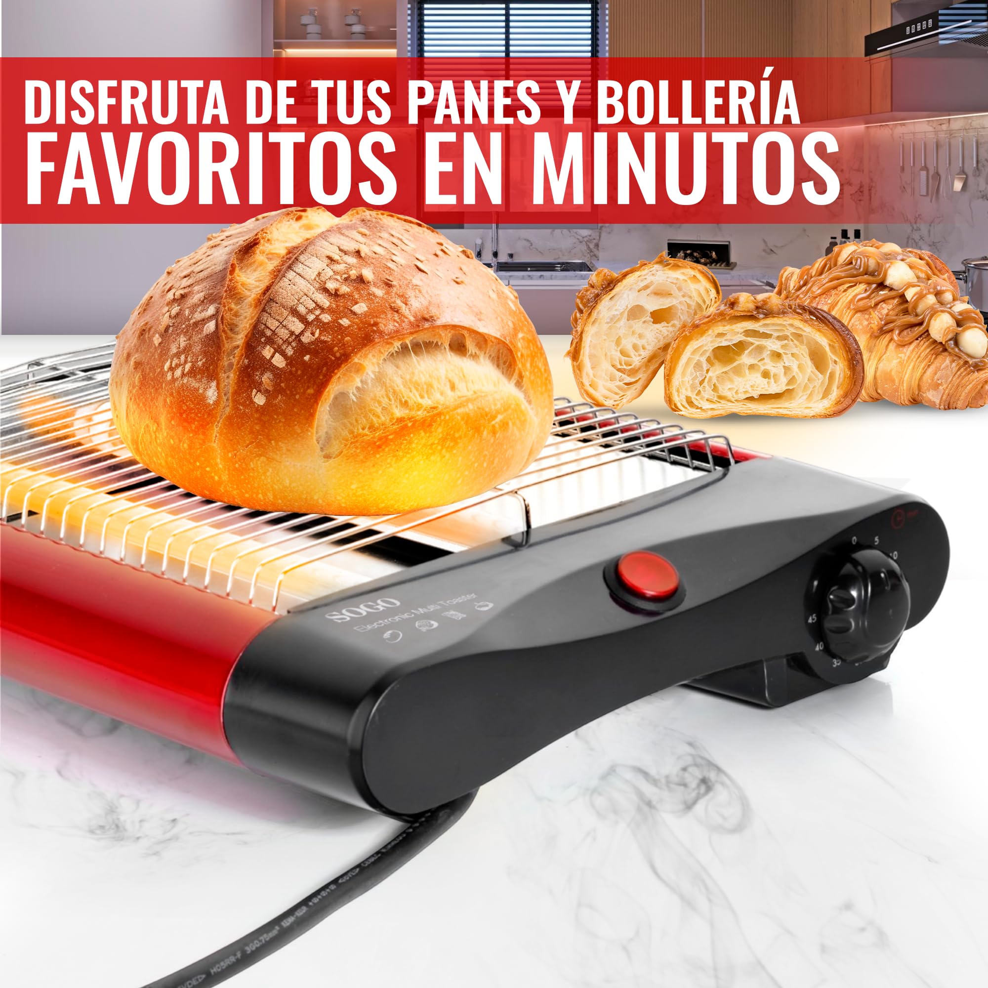 SOGO Tostadora Horizontal para Pan y Bollería – Tostadora Pan Plana con Resistencias de Cuarzo y Temporizador de 5 Minutos – Bandeja Extraíble para Migas e Indicador luminoso