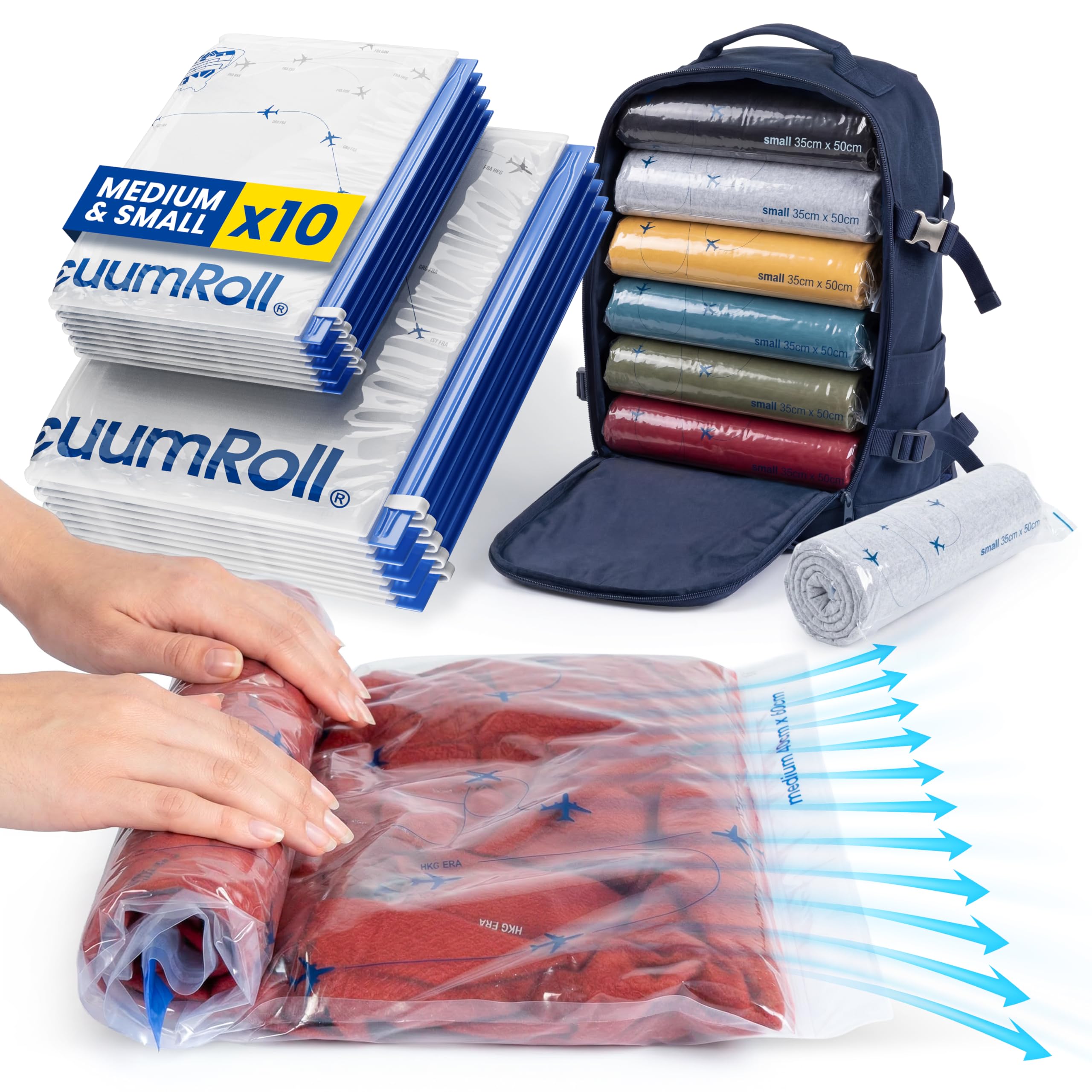 Bolsas de Compresión para Viajar myHodo, 10 Piezas (5x 60x40cm 5x 50x35cm) Viaja Ligero, Fáciles de Usar sin Uso de Aspiradora, Bolsas al Vacio Ropa para Maletas y Mochilas, Almacenamiento al Vacío