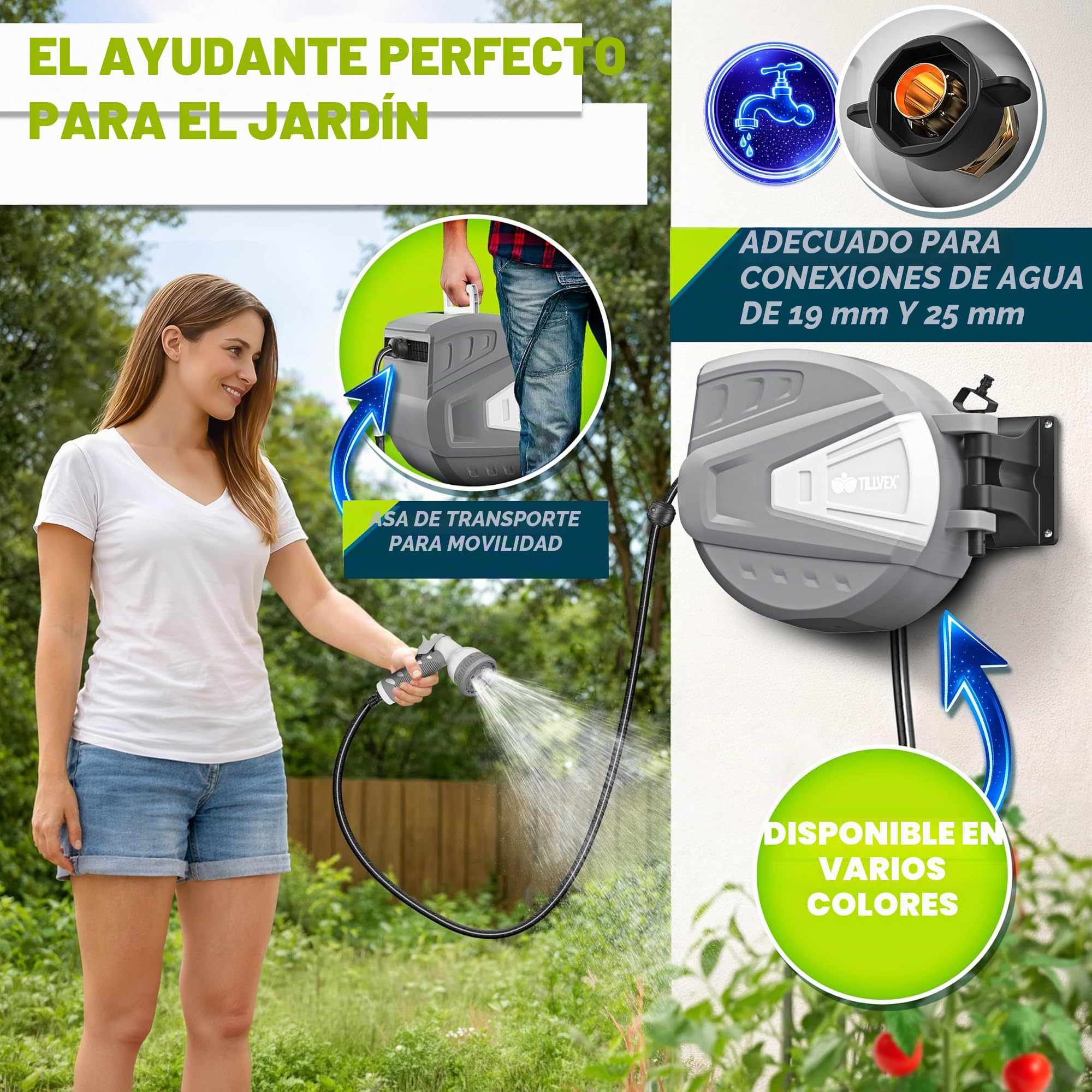 tillvex Carrete para Manguera de agua 20+2m con soporte de pared | Enrollador de manguera con pistola manual y manguera de jardín | Caja de manguera para pared con enrollado automático