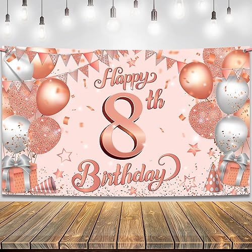 KatchOn, Cartel de feliz cumpleaños número 8, grande de 72 x 44 pulgadas, pancarta de fondo de feliz cumpleaños de color oro rosa, decoraciones de