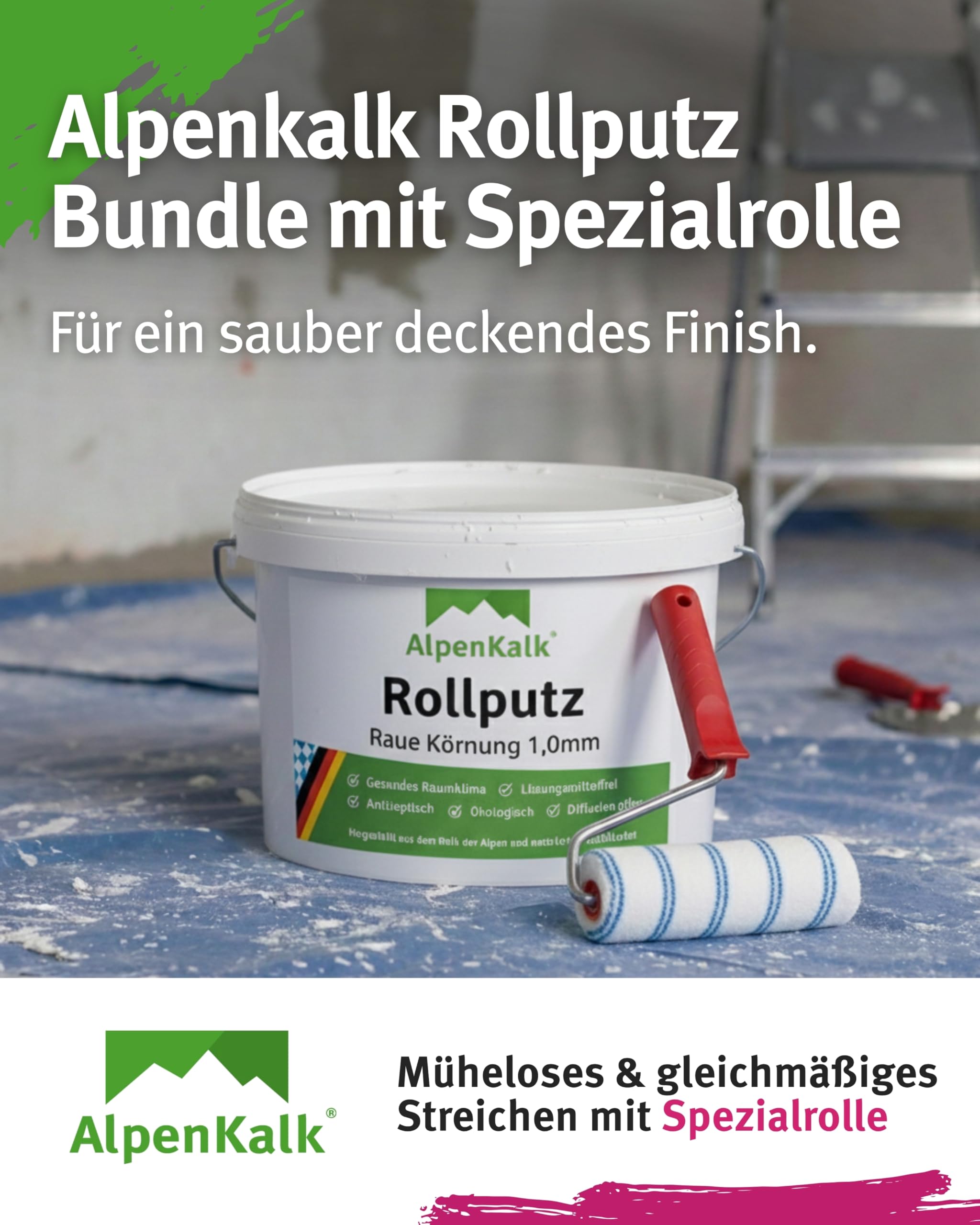 Rauer Rollputz für Innen I 24 kg für ca. 40 m² + Spezialrolle 18?cm I 1,0 mm Körnung I Verarbeitungsfertig & streifenfrei wie vom Profi I Atmungsaktiv, schimmelhemmend & lösungsmittelfrei
