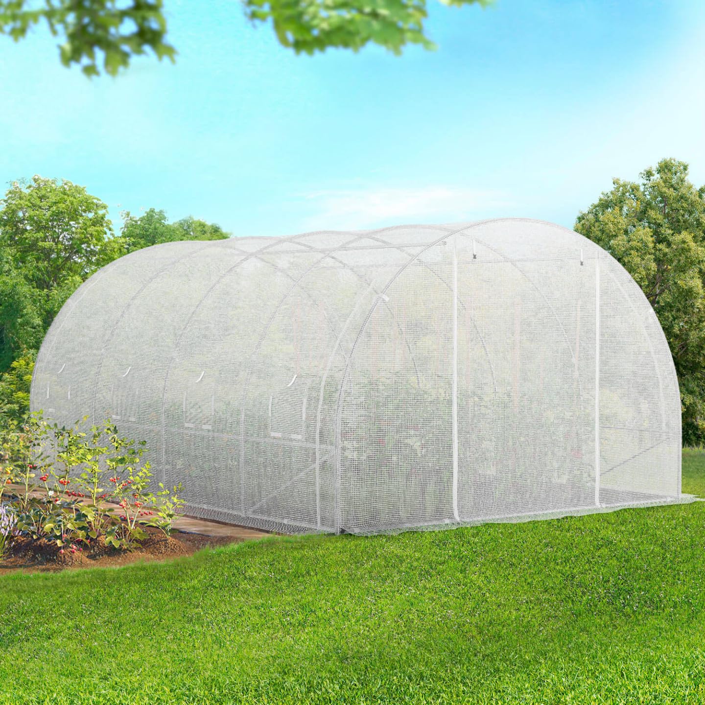 IDMarket - Bâche de Rechange pour Serre de Jardin Tunnel 12m² 4 x 3 x 2 m Anti-UV avec Porte et fenêtres Zebra Blanche Toutes Saisons