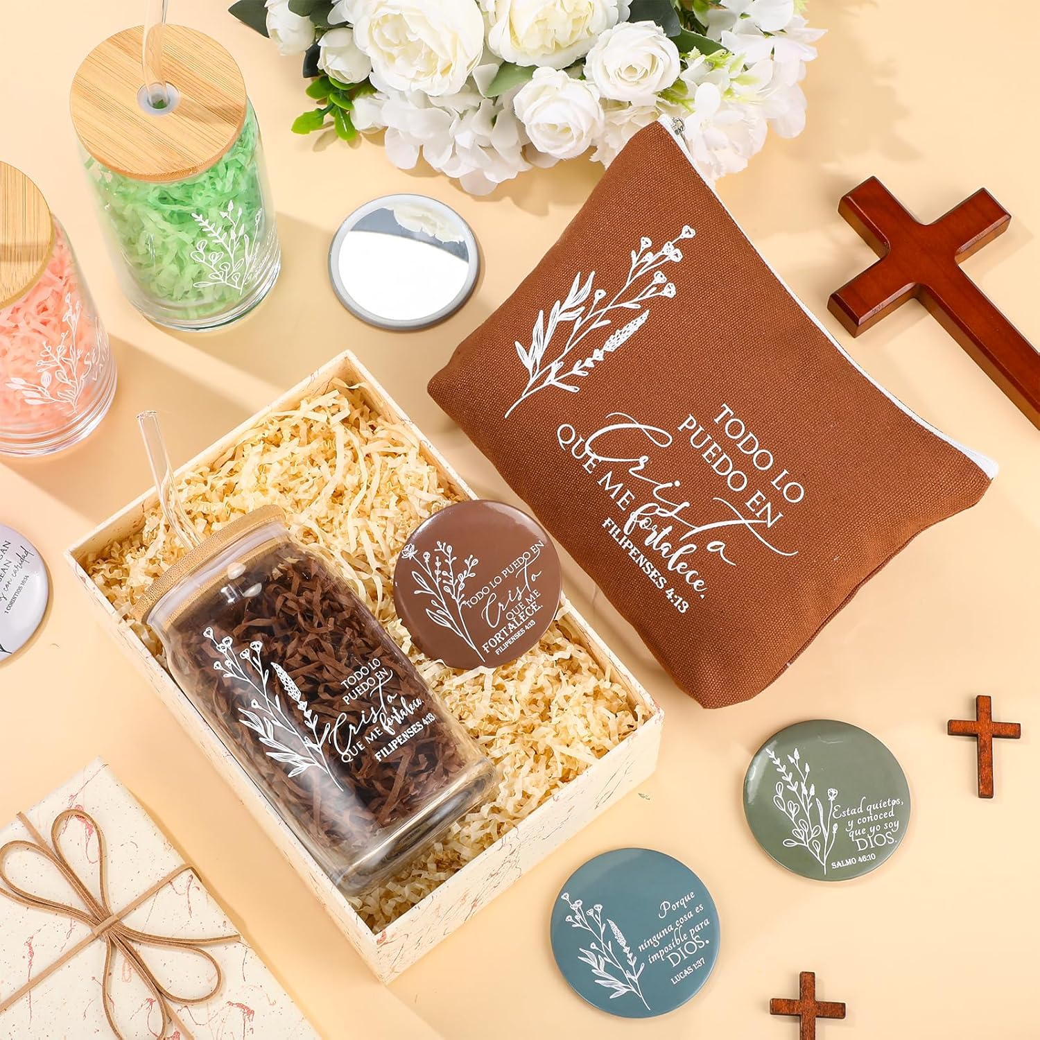 Fumete 6 Set Christian Gifts Religious Makeup Bag Bible Verse Glass Coffee Cup with Bamboo Lid Straw Mini Christian Compact Mirror Regalos Cristianos En Español for Church(Spanish) - Image 5