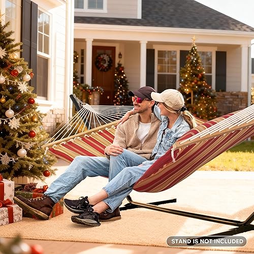 Miniatura 2 de SUNCREAT - Hamaca doble acolchada de tela con barra separadora, almohada desmontable, 55 x 79 pulgadas, hamaca grande, patrón de rayas rojas