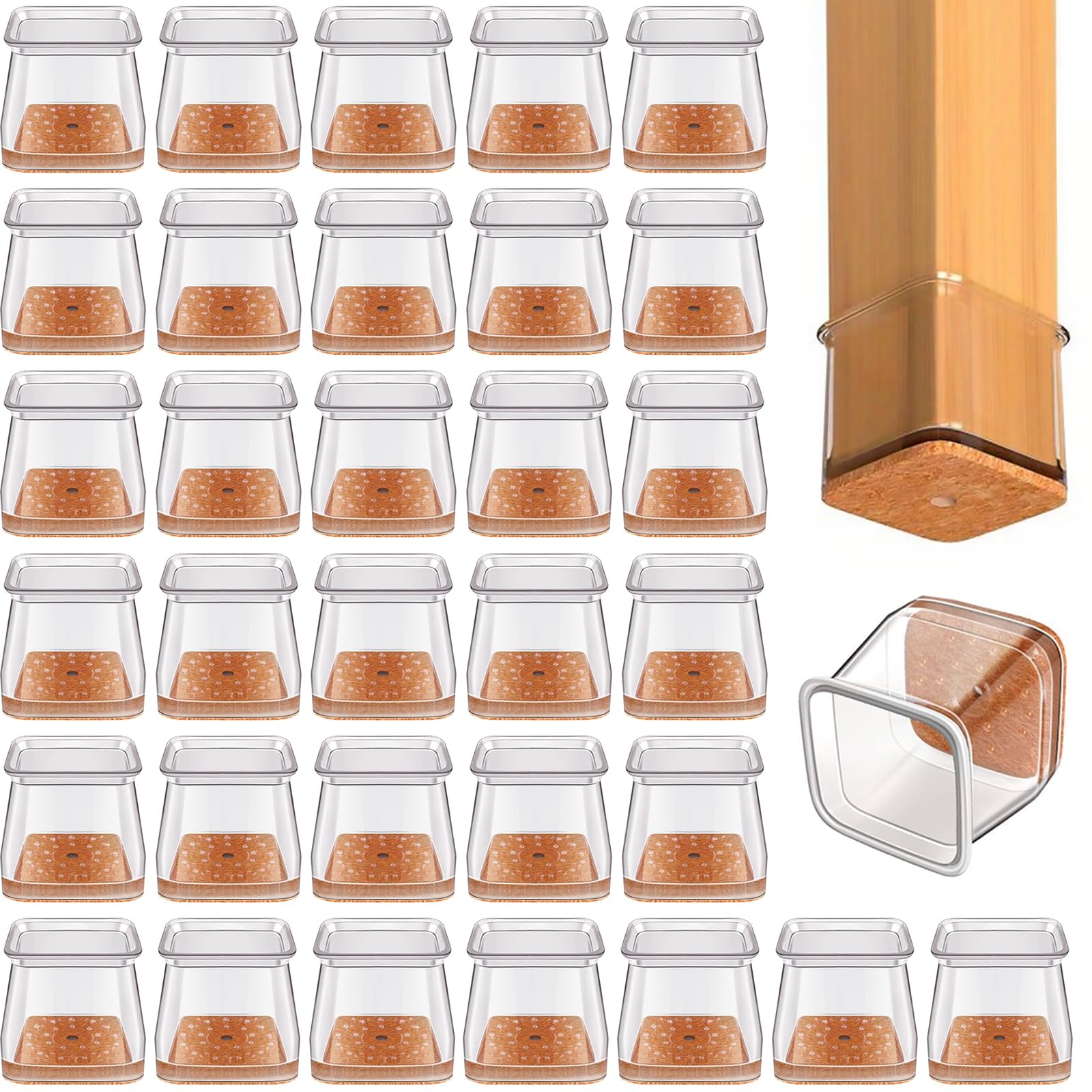 Wosyoodo 32 Chair Leg Floor Protectors Square, Silicone Chair Feet Furniture Pads Floor Protectors with Felt Pads for Hardwood Floors, No Noise and No Scratches Fit:26-36mm (L)