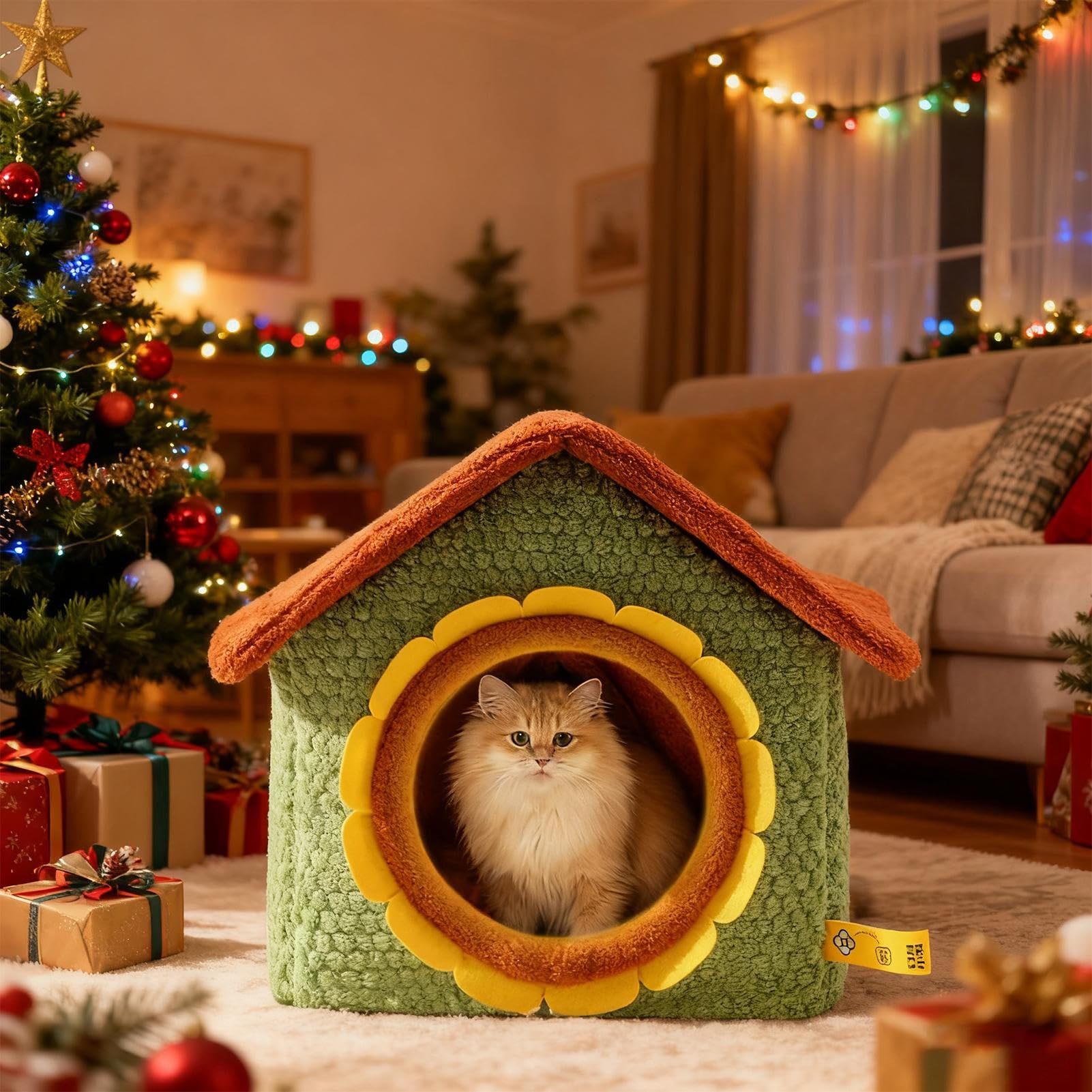 Casa Para Gatos Casa Cálida Cerrada Plegable | Cama Cueva Extraíble De Gatos Con Puerta De Girasol Para Cachorros, , Mascotas Pequeñas, Jugar En Interiores, Hogar,