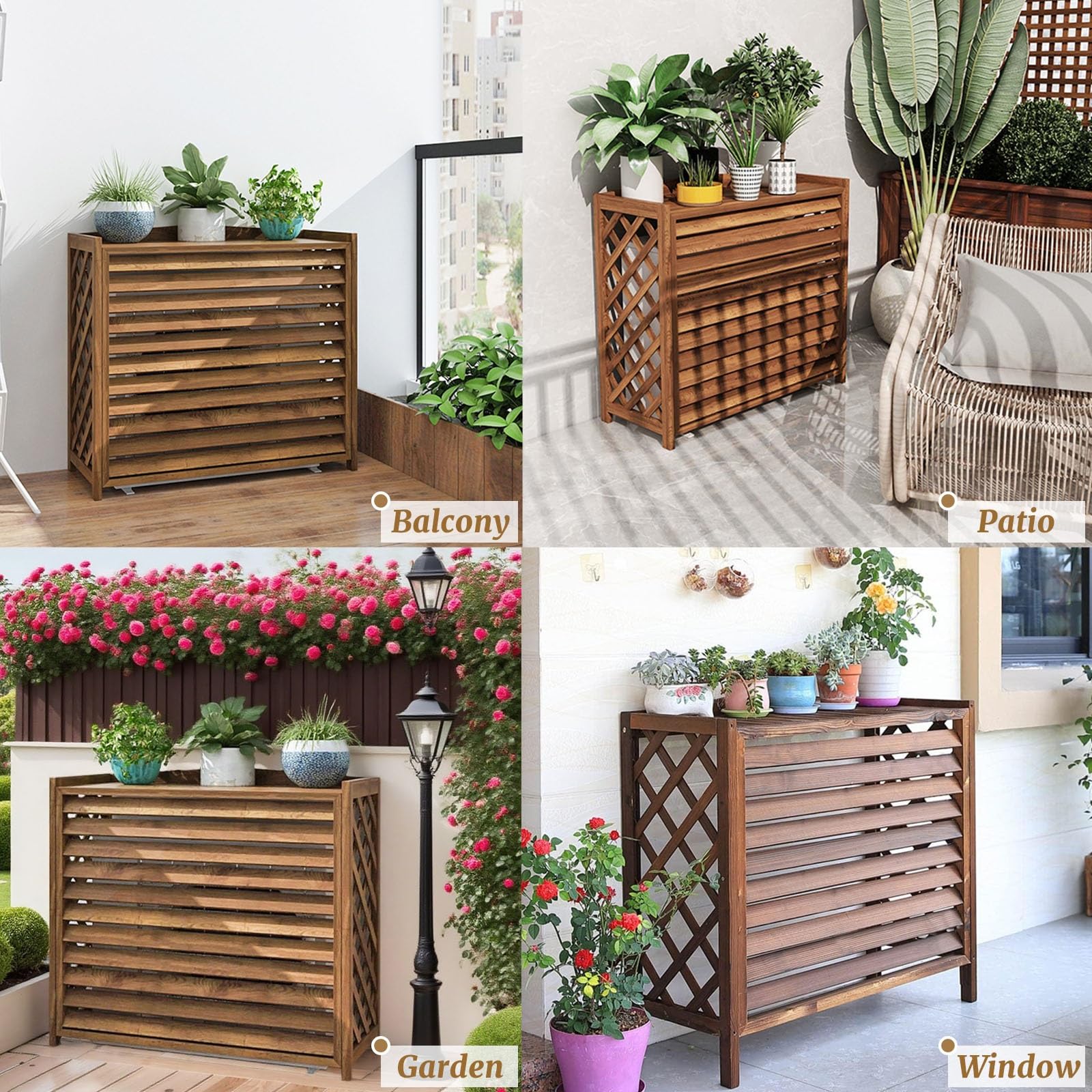 Marron Cache Clim Bois Cache Climatiseur Extérieur Bois Cache Pompe a Chaleur Extérieur Bois Pour Cacher Climatisation Support De Fleur Anti-Corrosion Support De Climatiseur Pour Jardin(110x50x85cm)