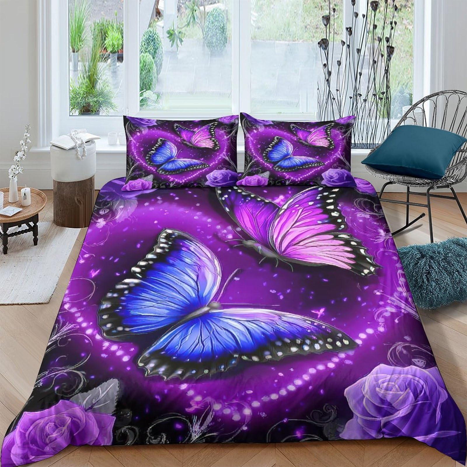 TUFRTGYHN 3D Printed Purple Butterfly Duvet Cover Microfiber Soft Breathable Floral Bedding Set with 2 Pillowcases for Bedroom Decor Single（135x200cm）
