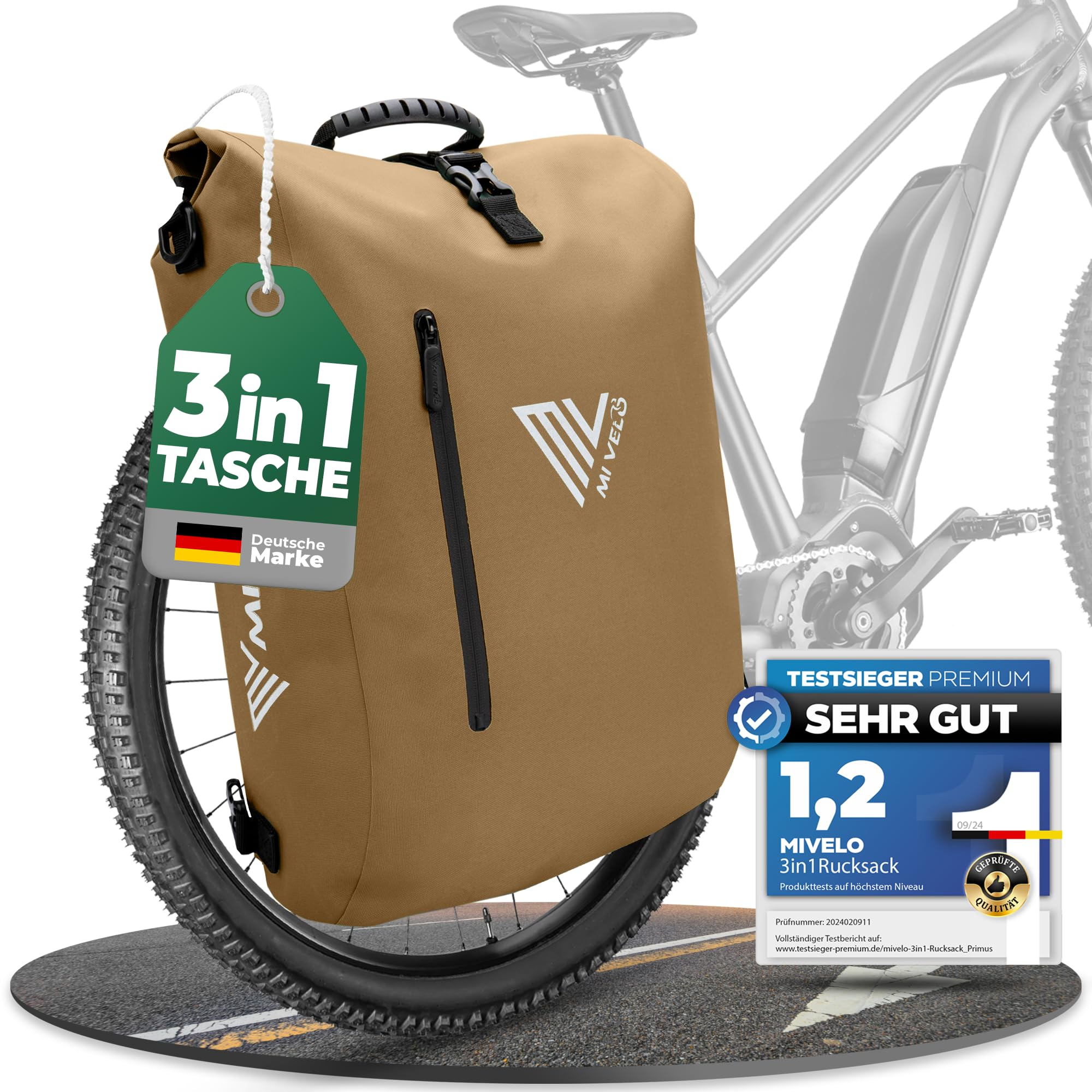 MIVELO - 3in1 Fahrradtasche für Gepäckträger, 100% wasserdicht & PVC-frei, Fahrradtasche Rucksack & Umhängetasche, Fahrrad Tasche Gepäckträgertasche (Sand-beige, 20L)