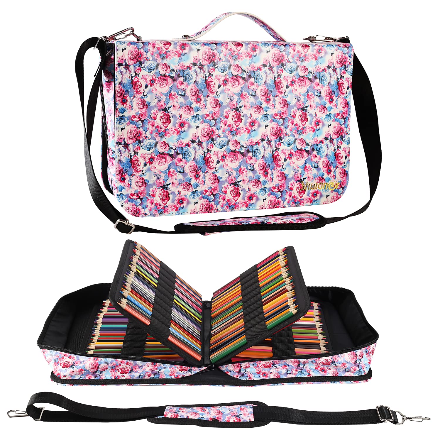 Shulaner Federmäppchen mit 180 Fächern, Blätterdruck, Buntstiftehalter, großes Fassungsvermögen, tragbares Federmäppchen, Organizer (rosa Blume, 290)