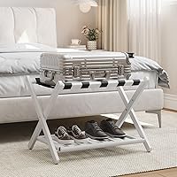 Vista 17 de Portaequipajes de bambú nogal completamente ensamblado con estante para zapatos, soporte plegable para maletas con 5 correas de alta resistencia