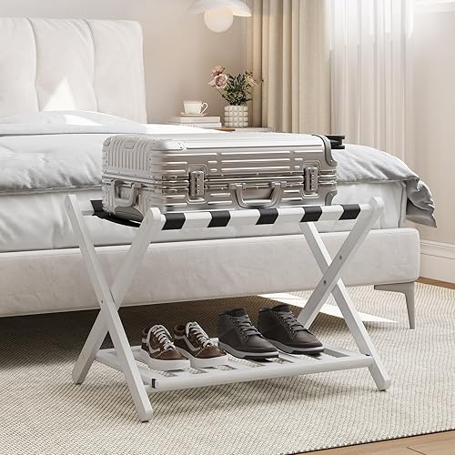 Miniatura 11 de Portaequipajes de bambú nogal completamente ensamblado con estante para zapatos, soporte plegable para maletas con 5 correas de alta resistencia,