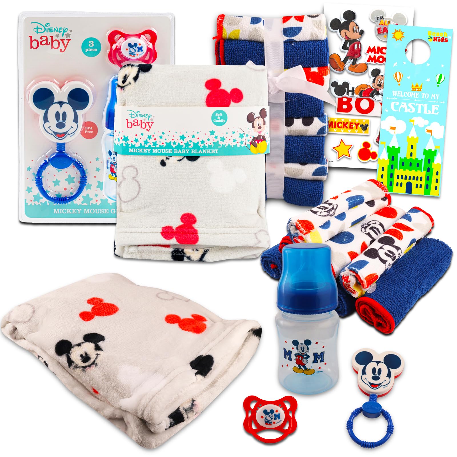 Disney Mickey Mouse Baby Gift Set, Baby Shower Gifts Boys Neutral 12 Pc  Newborn Essentials Bundle with Blanket, Towels, Rattle, Bottle, Pacifier