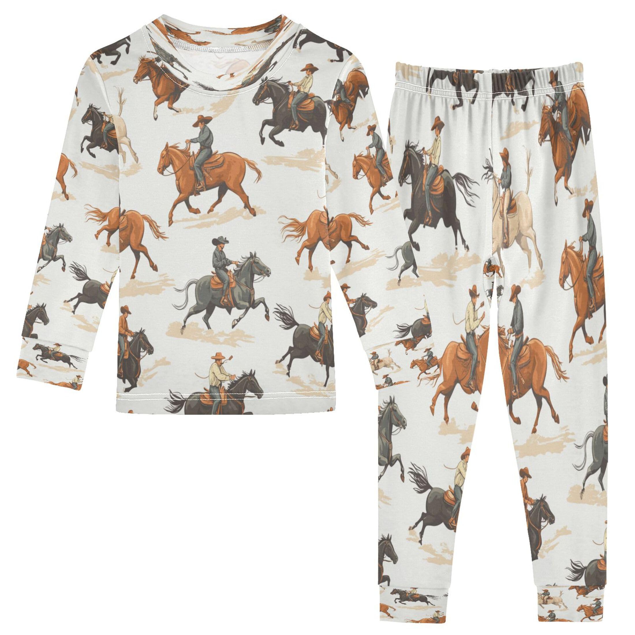 Vozoza Rodeo Cowboys Riding Horse Pajama Sets Long Sleeve Top with Pants Cotton Soft Sleepwear 2 Piece Pjs Set Size 5T Multicolor