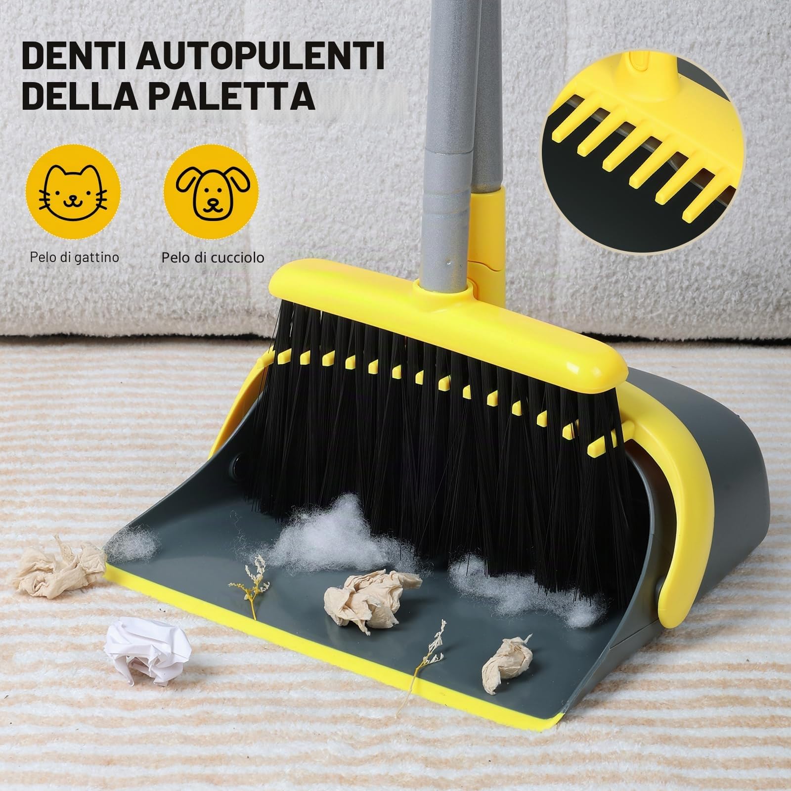 Set di scopa e paletta con manico lungo 137 cm, perfetto set di paletta e spazzola per una pulizia efficiente della casa (giallo e grigio)