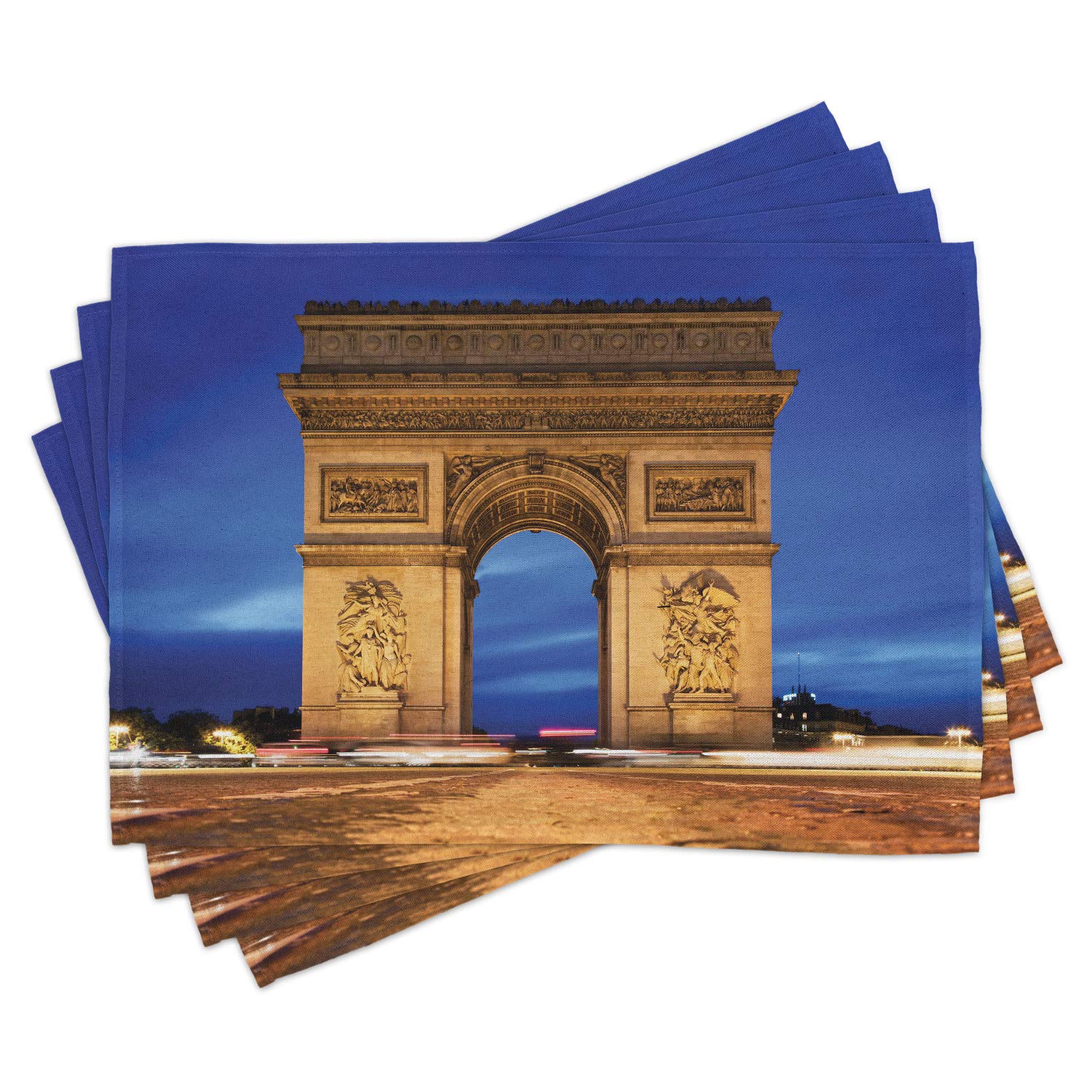 LunarableParis Place Mats Set of 4, Arc de Triomphe Paris France at Night View from Avenue des Champs-Elysees Print, Washable Fabric Placemats for Dining Room Kitchen Table Decor, Pale Brown Blue