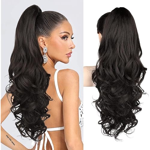 REECHO Ponytail Extension, 24" Claw Clip in Ponytail Extension Long Curly Wavy Ponytail Hair Extension Jaw Clip on Pony Tails Hairpiece for Women - Black Brown