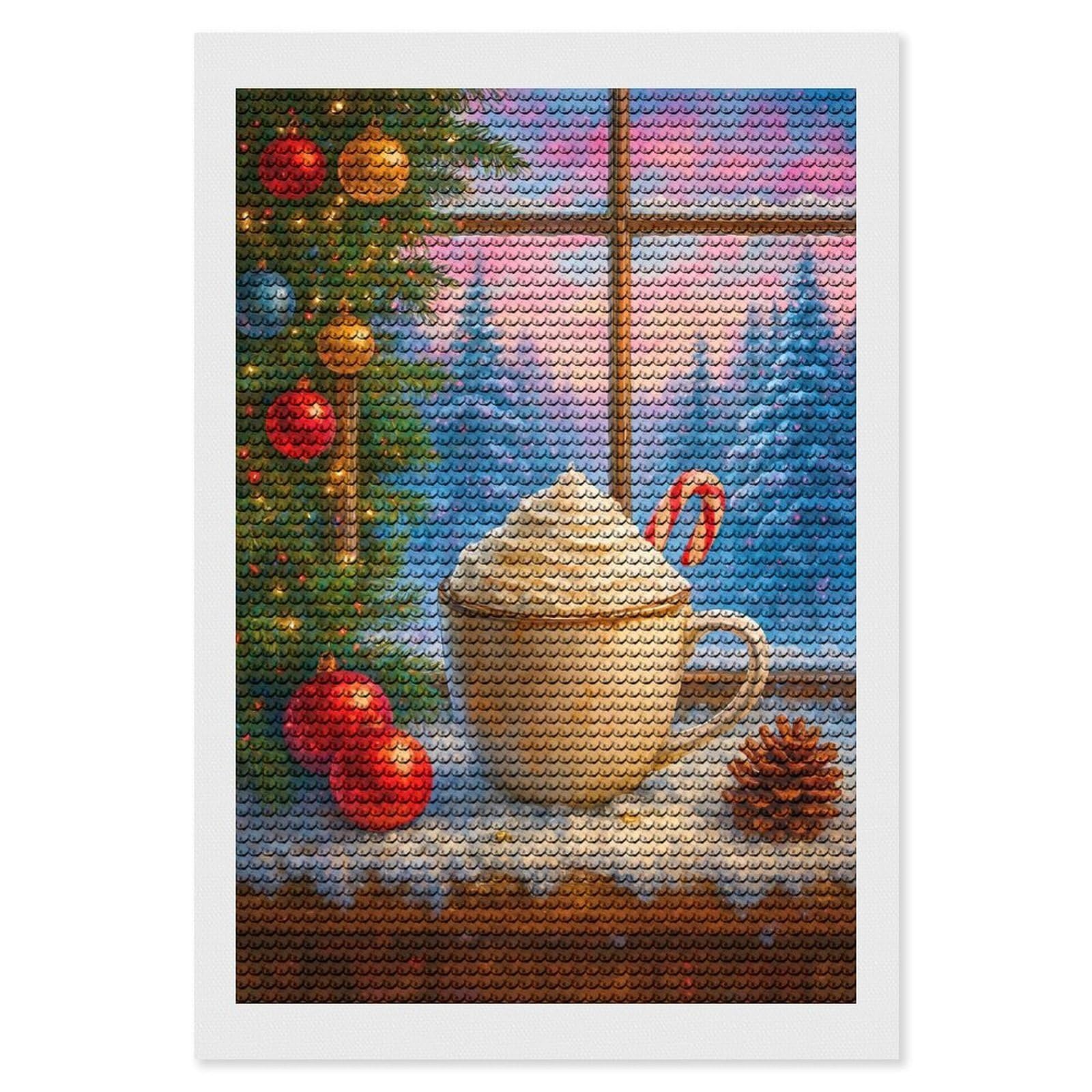 Junmoney Cozy Christmas Cocoa by The Window Diamond Art Canvas 8"x12", for Creative Relaxation, Simple to Start, Aesthetic Room Decor, Holiday Gift Idea
