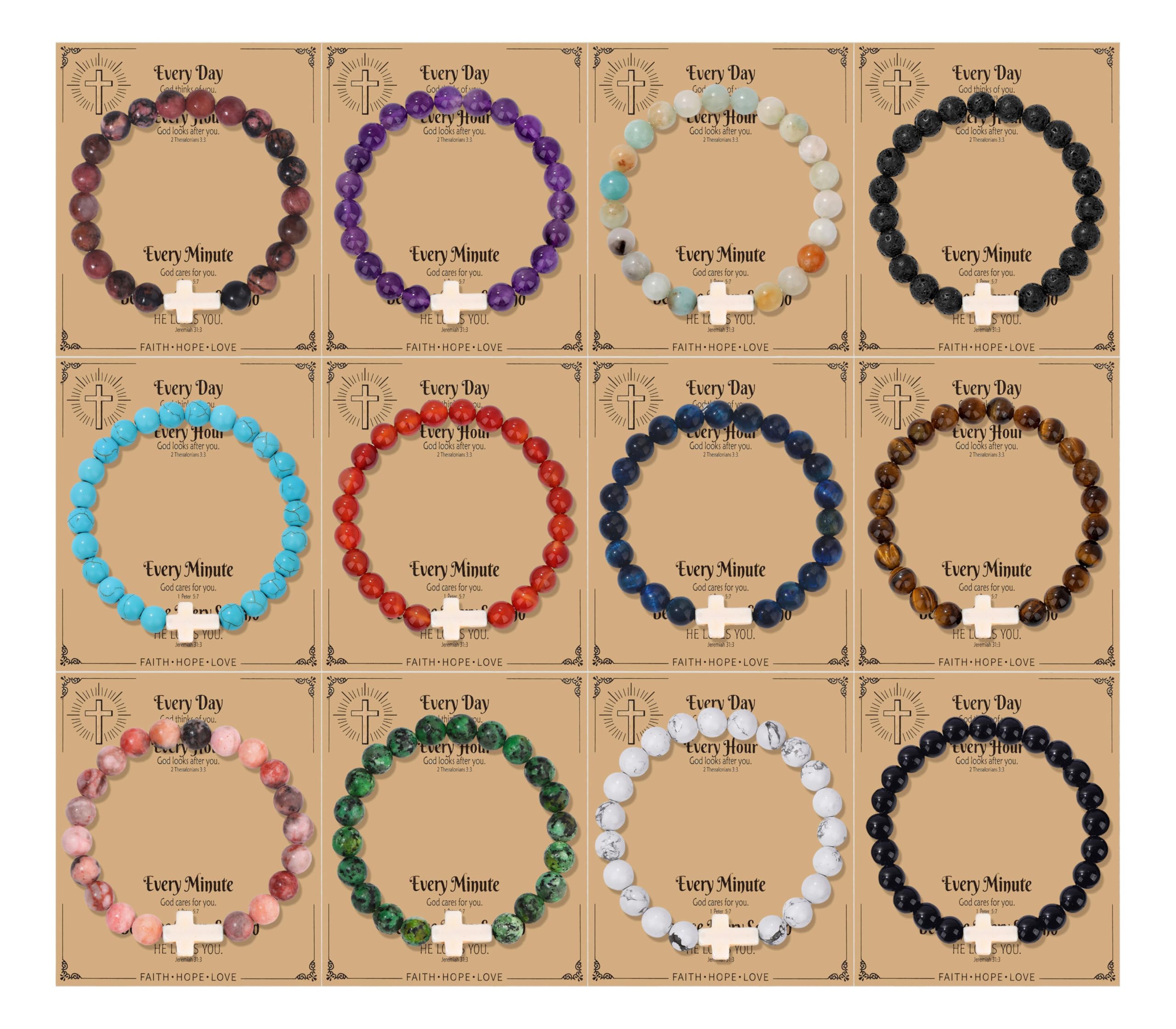 CASDAN 12Pcs Cross Beaded Bracelets for Women Men 8mm Easter Basket Stuffers Natural Stone Crystal Bracelet Semi-Precious Gemstone Beads Bracelets Set