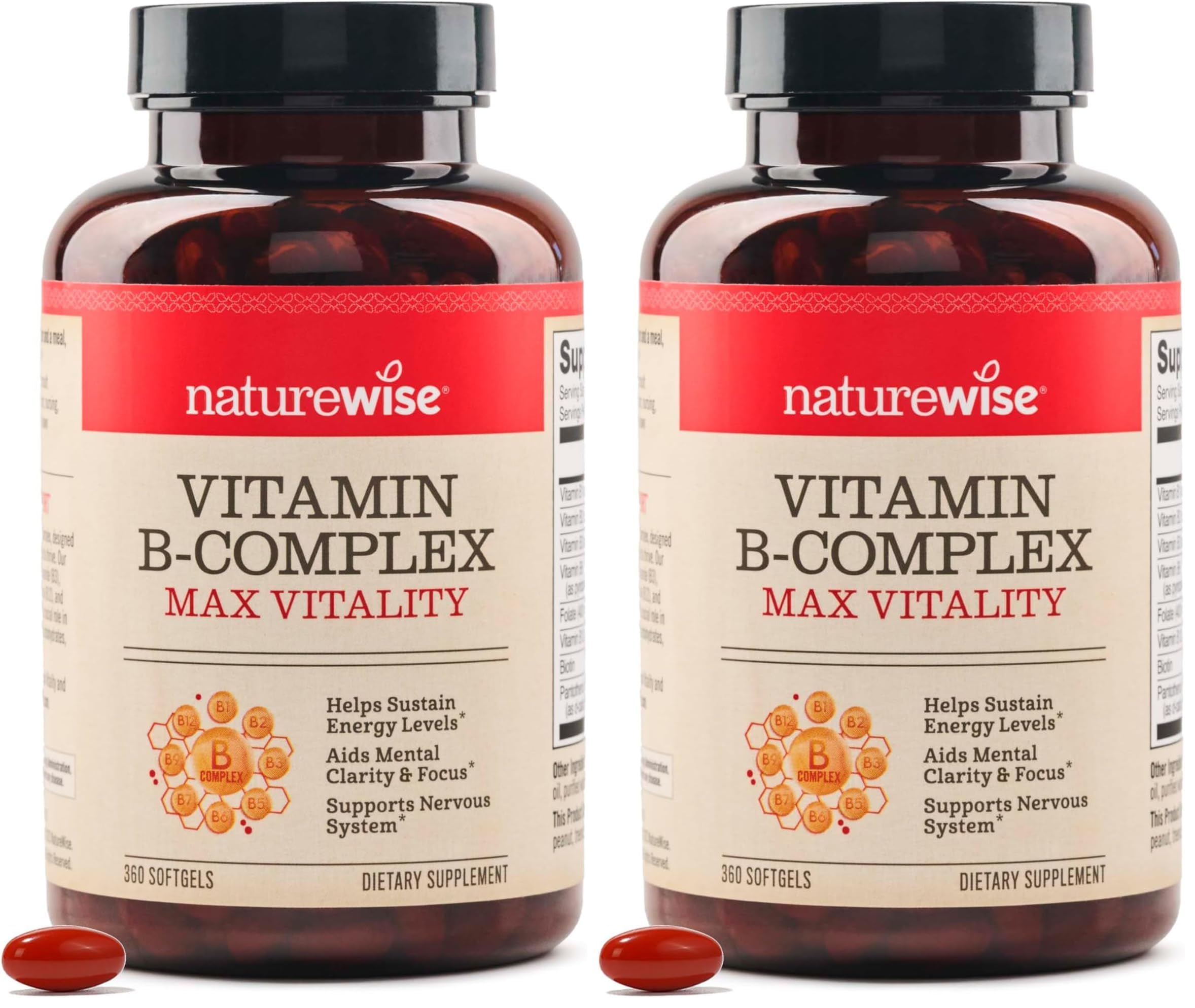 NatureWise Vitamin B Complex for Women and Men-with Folic Acid Biotin B1 B2 B3 B6 B12 - Support Cellular Energy & Mental Clarity - Gluten & Dairy Free, Non-GMO-360 Softgels[1-Year Supply],(Pack of 2) 360 Count (Pack of 2) Vitamin