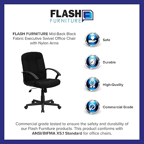Miniatura 4 de Flash Furniture Silla para tareas o computadora de media espalda color negro de tela con brazos de nailon, Metal Madera, Negro