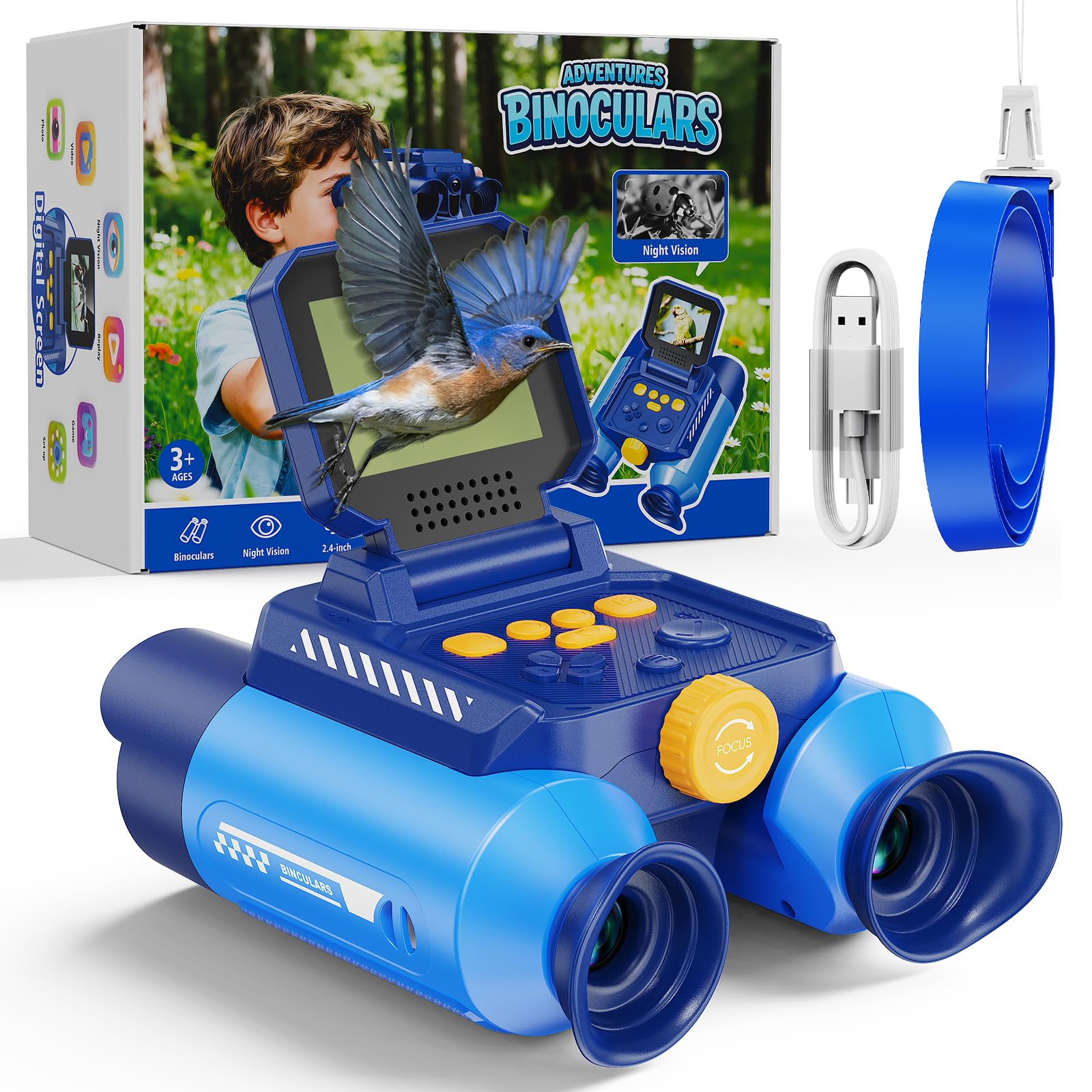 Prismaticos Niños Aventura Cámara, Prismaticos Vision Nocturna, Prismáticos de Juguete con Cámara-Fotos y Vídeos, Juegos Educativos, para Niños Acampadas, Senderismo, Exploración (Azul)