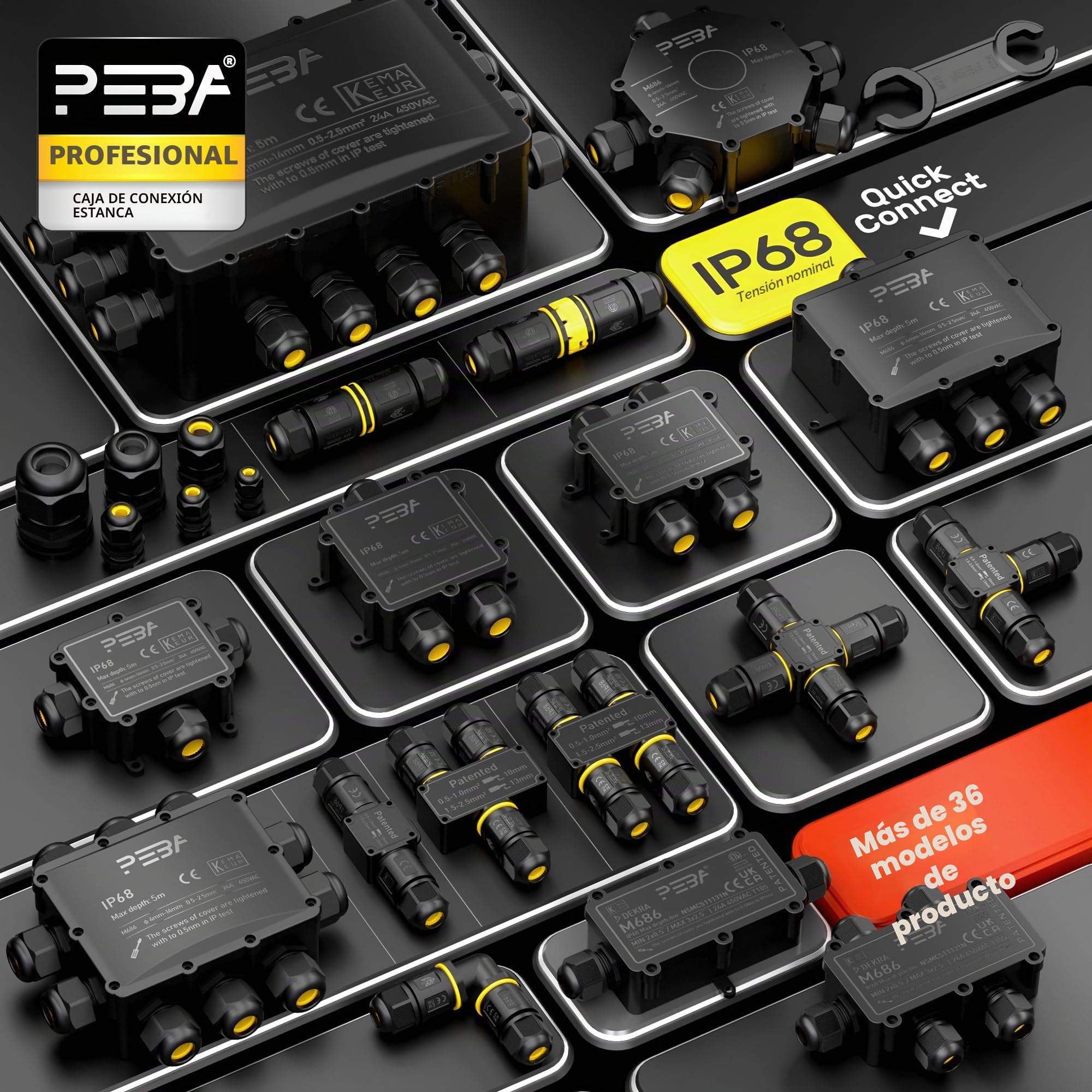 PEBA® Cajas de Conexiones Impermeables IP68, Conector de cable estanco,Caja de conexiones de conector de cable Exterior Extragrande de 8 vías, Apto para cables Ø4-14 mm Caja Conexiones Negro