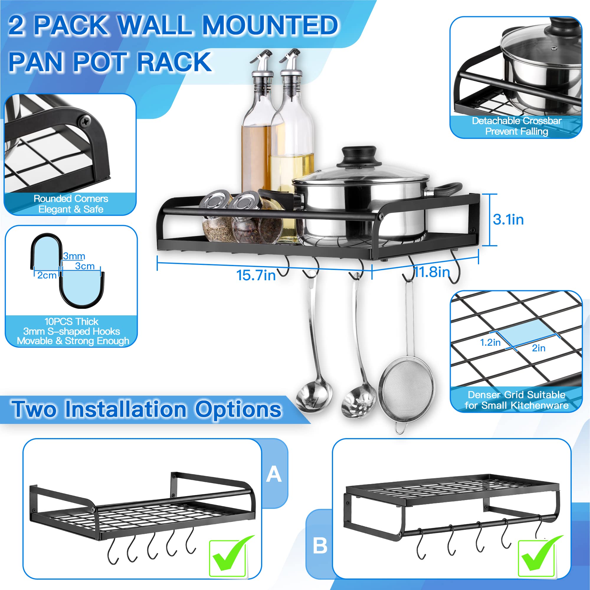ETECHMART Hanging Pot Rack, 3 in 1 Wall Mounted Pan Holder with 10 Hooks, Heavy Duty Dish Rack
