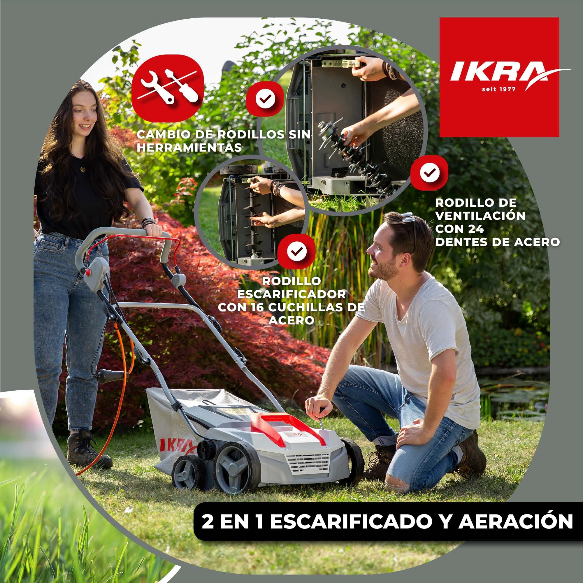 IKRA escarificador y aireador eléctrico IEVL 1838, saco coletor 40l, largo de trabajo 38cm, 1800W