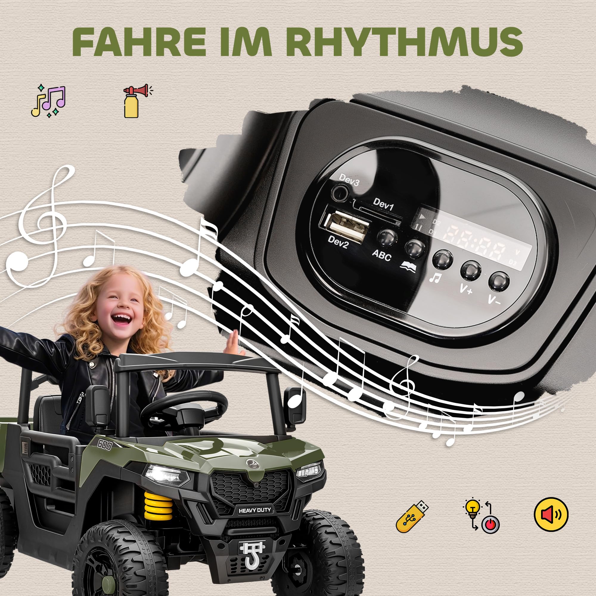 AIYAPLAY Kinder Elektroauto 12V UTV mit 2,4 GHz Fernbedienung 2 Motor Grün | Kinderauto, Kinderfahrzeug, Softstart, Federungssystem, Kofferraum, Musik, USB-Anschluss, Hupe, für 3-8 Jahre