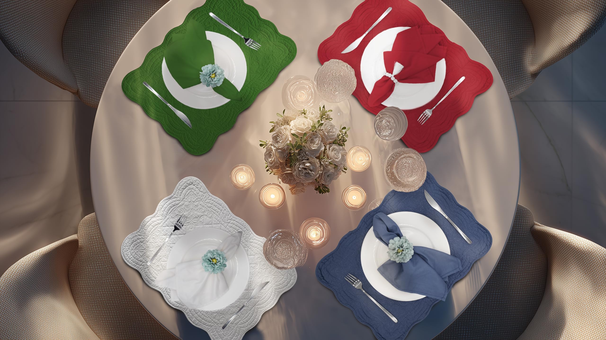 Gesteppte Baumwoll-Tischsets mit passenden weißen Baumwollservietten – Set mit 4 Tischsets und 4 Stoffservietten – solides weißes Tischwäsche-Set für Alltag und Urlaub (4, blau)