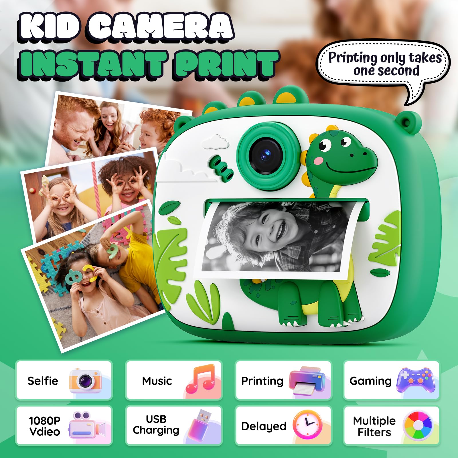 YOZISS Macchina Fotografica Bambini Istantanea, 1080P macchina fotografica istantanea bambini con 32GB e 3 Rotoli di Carta da Stampa, Regalo per Bambini dai 3 a 14 anni (DINOSAURO VDEDE)