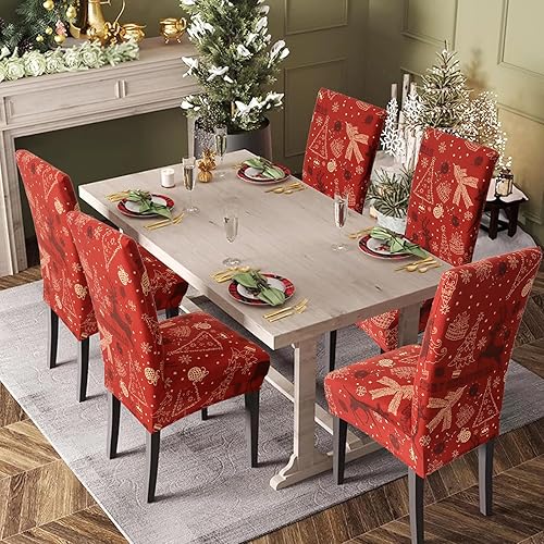 Miniatura 2 de Betylifoy Juego de 4 fundas elásticas extraíbles para sillas de comedor, diseño de árbol de Navidad, alce, fundas para sillas de Navidad, para