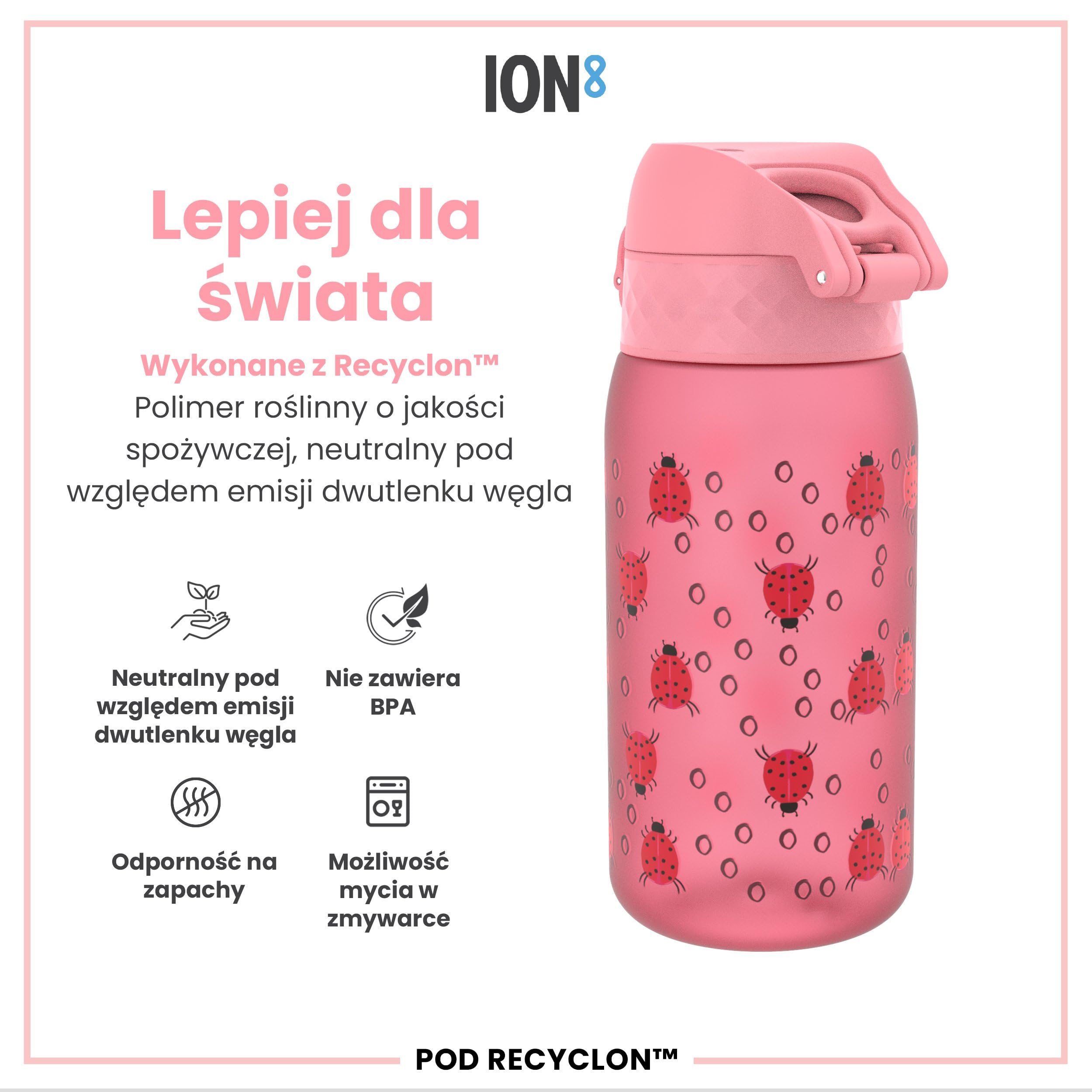 ION8 Butelka dla Dzieci, 350 ml/12 oz, Szczelna, Łatwa do Otwarcia, Bezpieczny Zamek, Można Myć w Zmywarce, Bez BPA, Uchwyt do Przenoszenia, Łatwa do Czyszczenia, Bezwonny, Biedronki