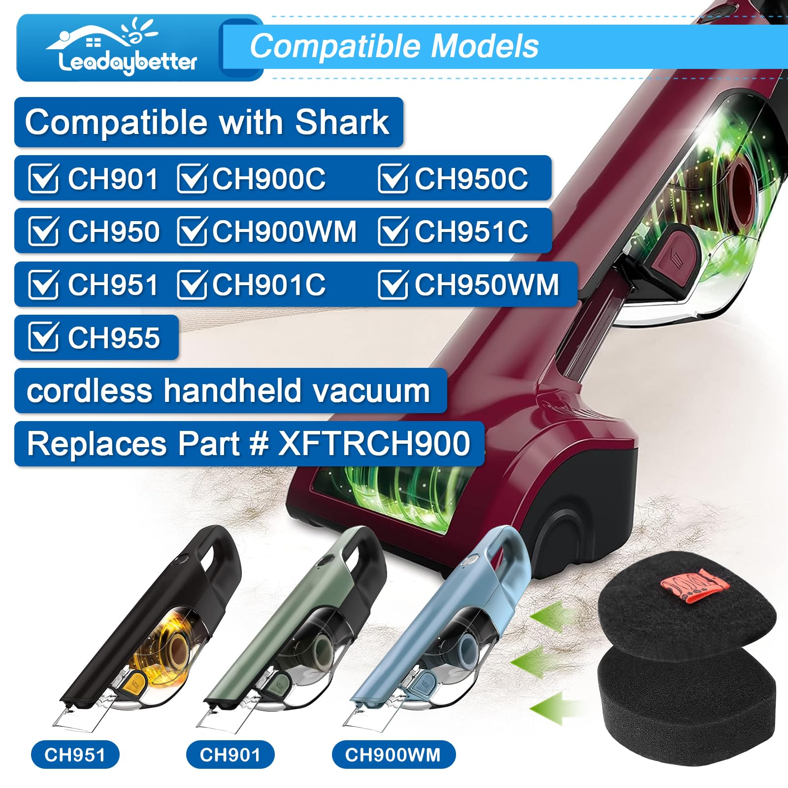 Leadaybetter 6 Pack Filters Replacement For Shark CH901 and CH951 Cordless Handheld Vacuum?Foam & Felt Replacement Kit for CH951C CH900WM UltraCyclone Pet Pro Plus, Compatible with Part #XFTRCH900