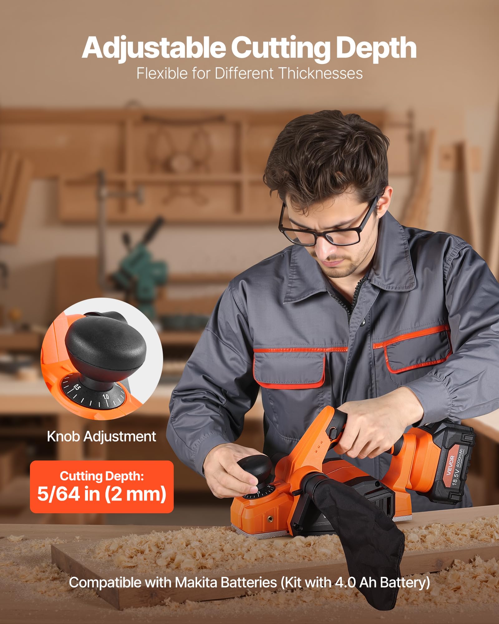 VEVOR Akku-Hobel, 82 mm Schnittbreite, 15000 U/min Elektrohobel für Holz mit 4,0 Ah 18 V Lithium-Akku, bürstenlosem Motor, einstellbarer Schnitttiefe, Staubfangbeutel, für die Holzbearbeitung