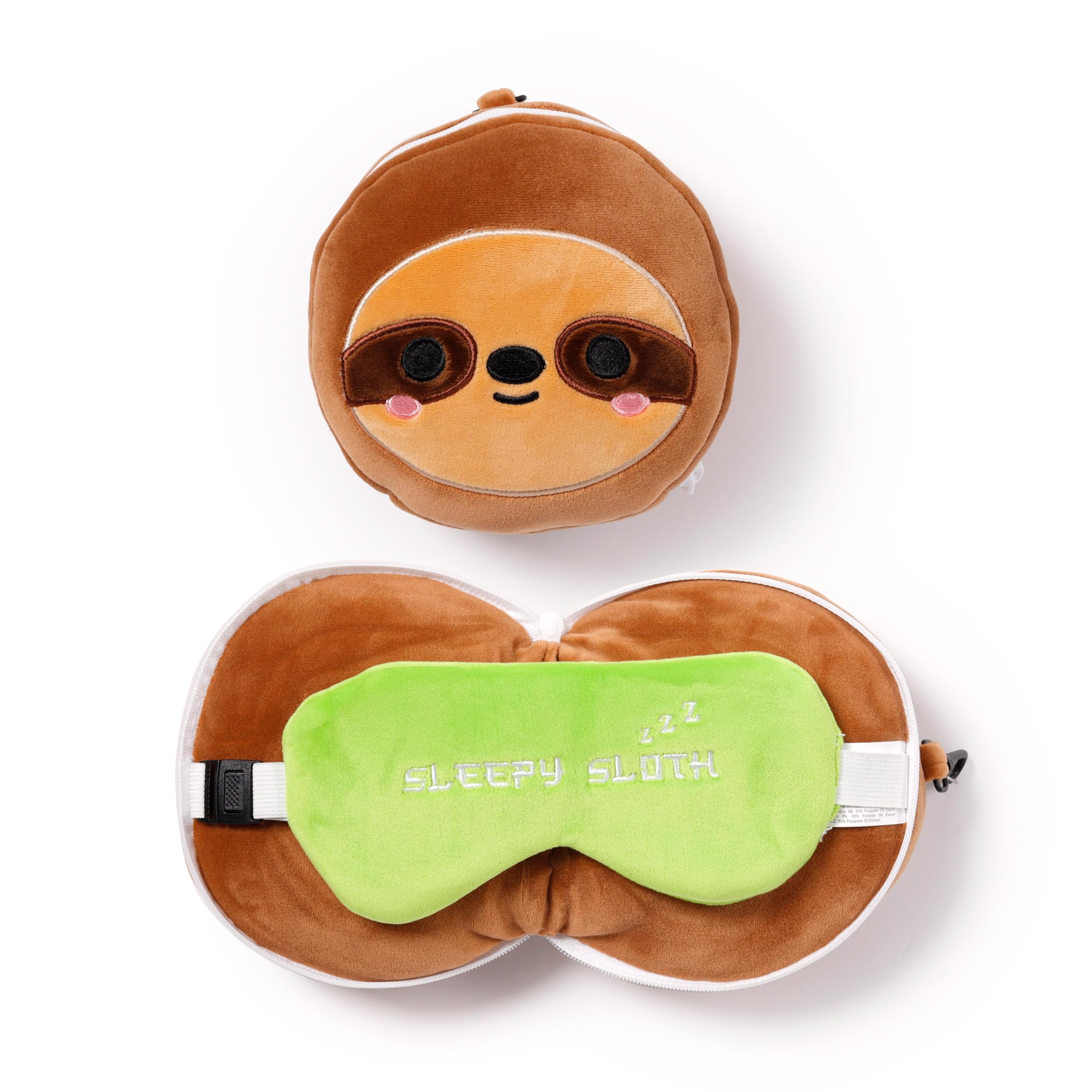 Puckator Relaxeazzz Sloth Round Plush Travel Pillow & Eye Mask - Sleep Eye Mask Masks - Kids Travel Accessories For Sleeping Airplane - Flight Plane Neck Pillow Pillows