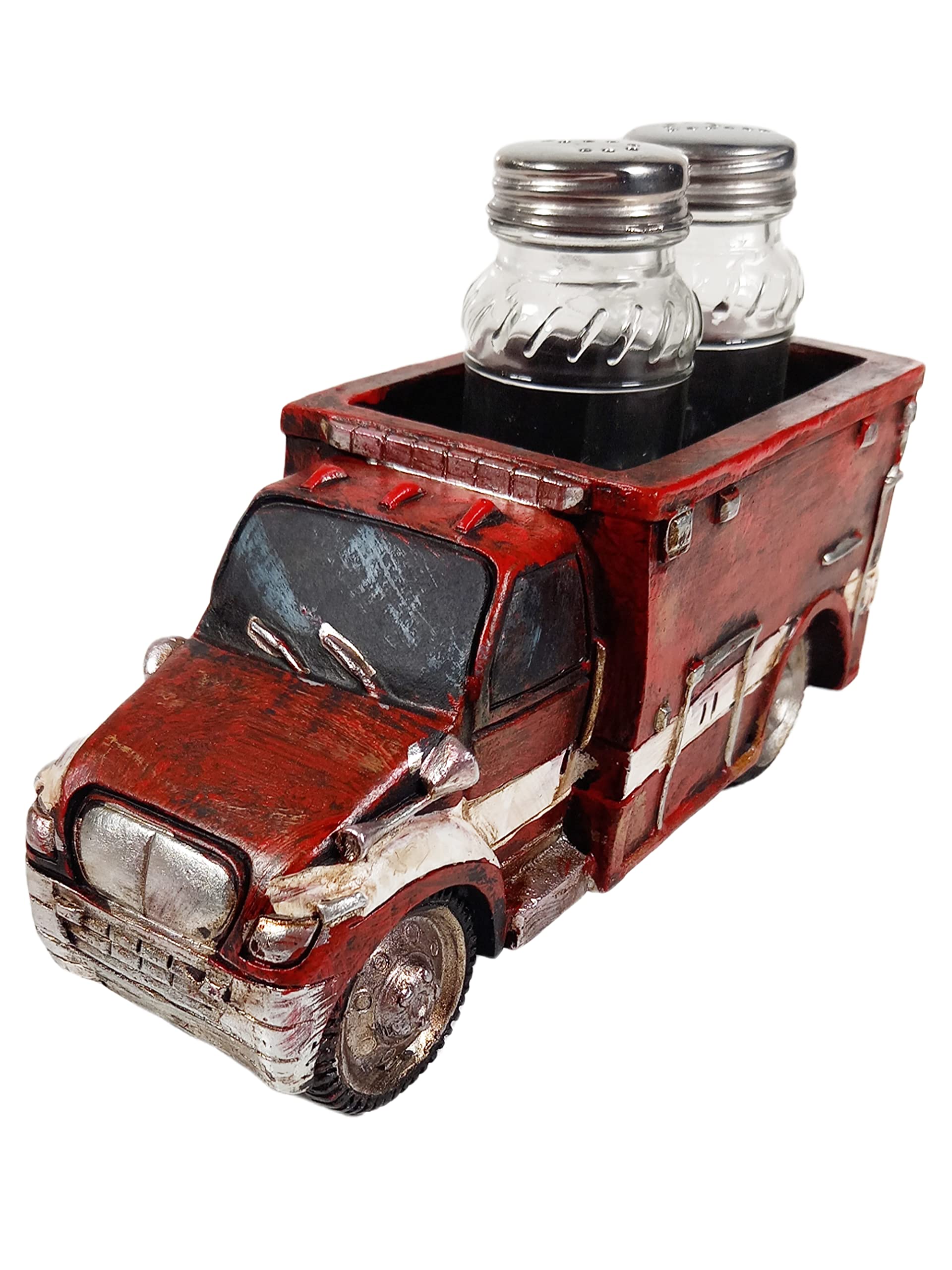 Urbalabs Western Police Car, Fire Truck, Ambulance Large Salt and Pepper Shaker Caddy Farmhouse Dinner Table Kitchen Ranch Decorations Rustic Cowboy Decor Hand Painted (Ambulance)