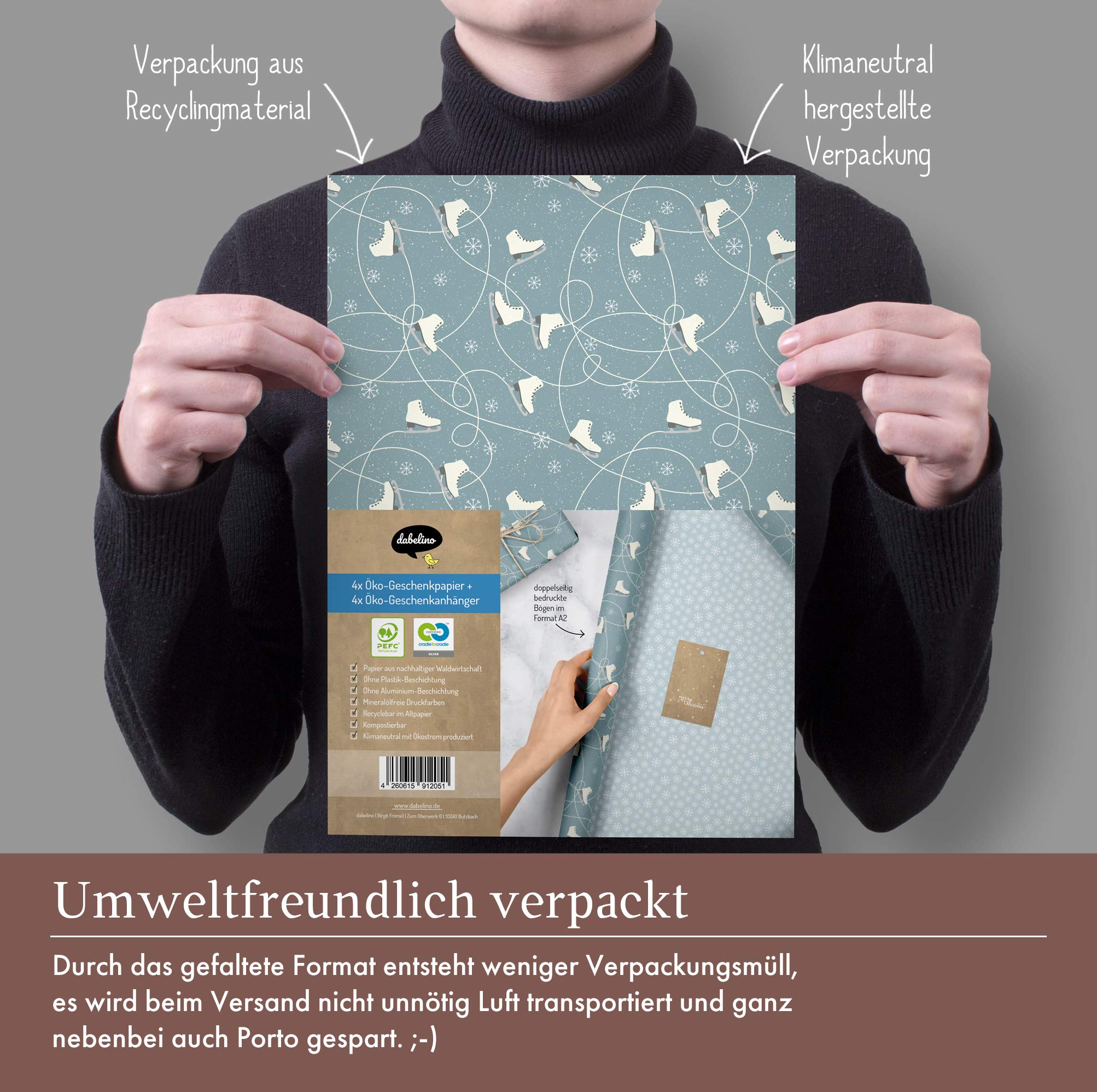 Dabelino Lot De 4 Rouleaux De Papier Cadeau De Noël écologique Pour Enfants/ Adultes : Patins à Glace/flocons De Neige (menthe, Orange) | Avec 4 étiquettes En Lot | Feuilles Double Face