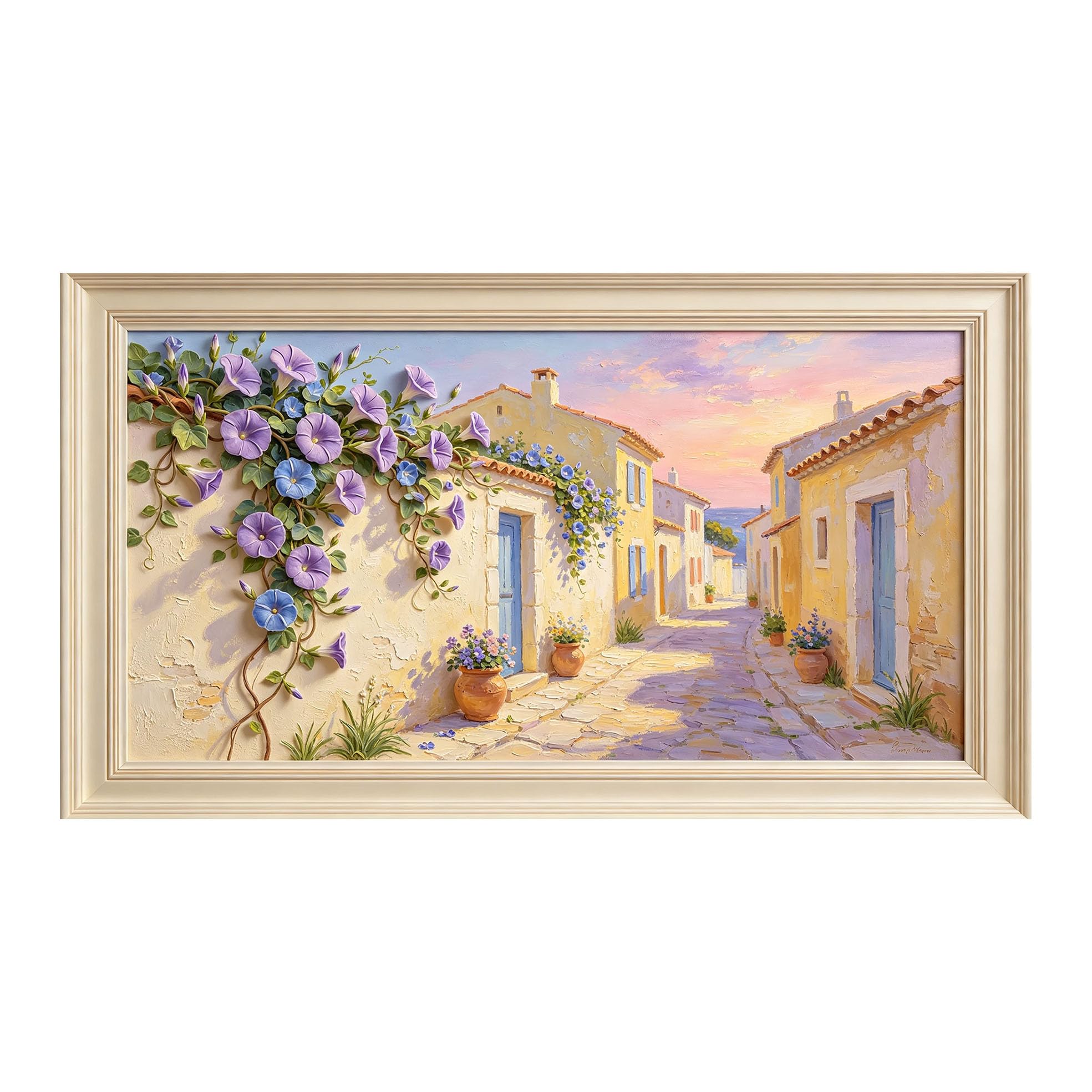 Murasolite 3D Framed Wall Art Provence Village Street Landscape Oil Painting SelfAdhesive Fabric Mural Wall Decor， Peel and Stick No Damage to Wall， AntiFall Safe Design for Bedroom Living Room