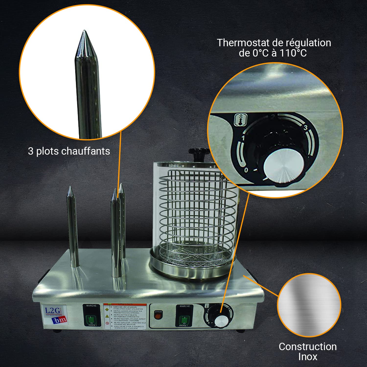 L2G -Chauffe-Saucisse Électrique - Machine à Hot Dog en Inox - Bocal Avec Grille Intérieure Inox Ø20 cm - 3 Plots Chauffants pour Pain à Hot Dog - Thermostat 0/110°C - l.29 x L.53 x H.40 cm