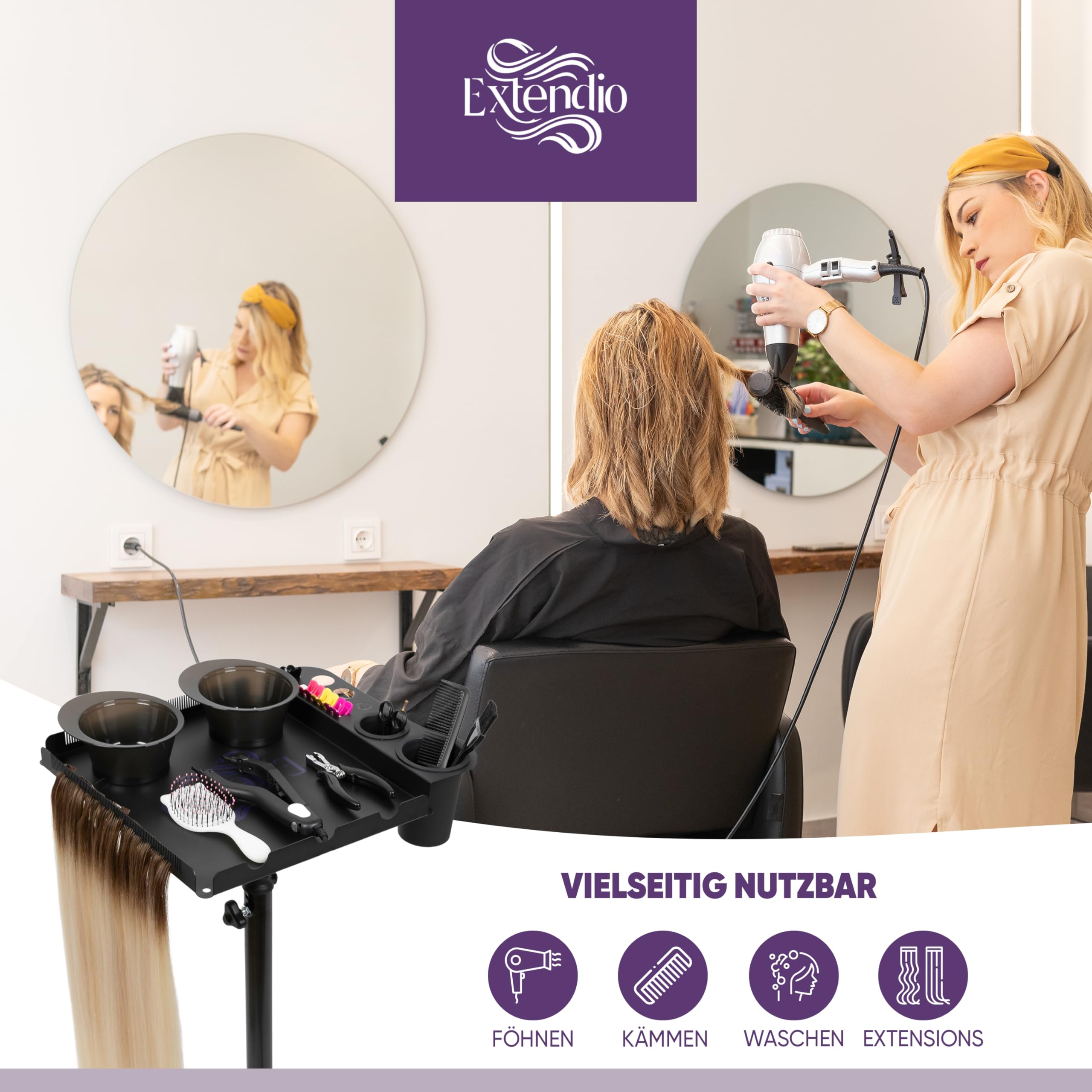 Mobiler Friseurwagen Salon Trolley mit 2 magnetischen Schüsseln, Fönhalterung, hitzebeständig, Kammlineal für Extensions