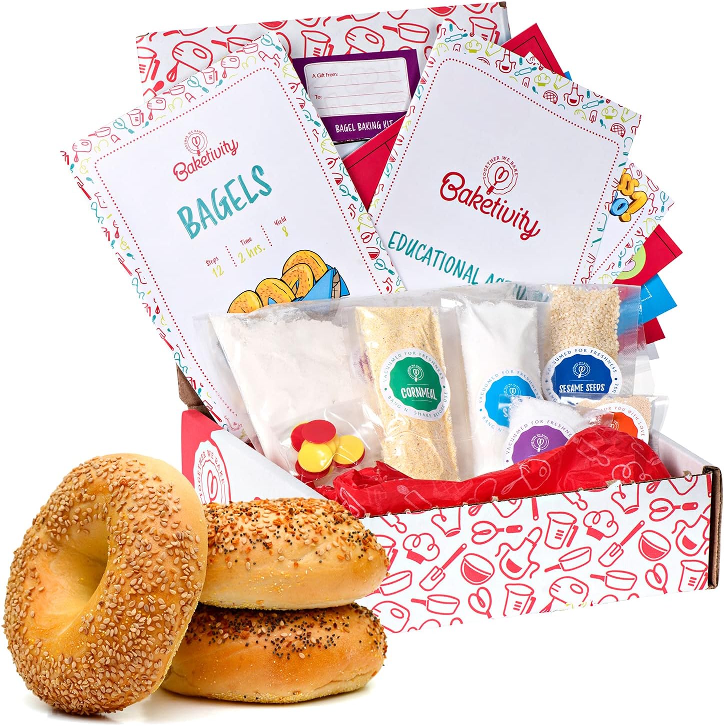 Baketivity Kids Baking Set, Meal Cooking Party Supply Kit for Teens, Real Fun Little Junior Chef Essential Kitchen Lessons, Includes Pre-Measured Ingredients (Baketivity Kit, Bagels)