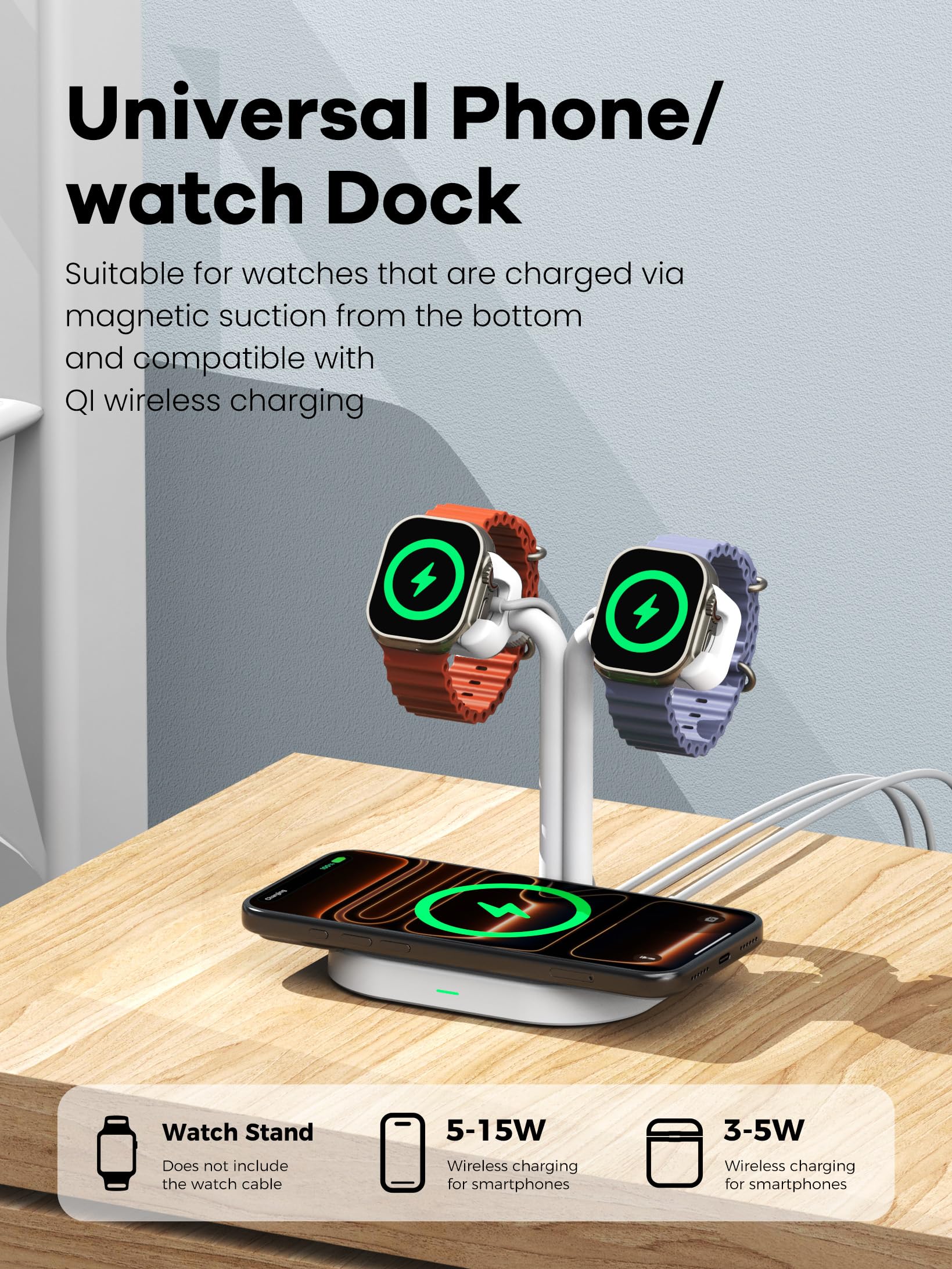 Caricatore universale per orologio doppio 3 in 1, stazione di ricarica wireless intelligente regolabile per Samsung/Google/Amazfit/Fitpolo/GRV/AGPTEK/Fire-Boltt (A22SW-bianco)