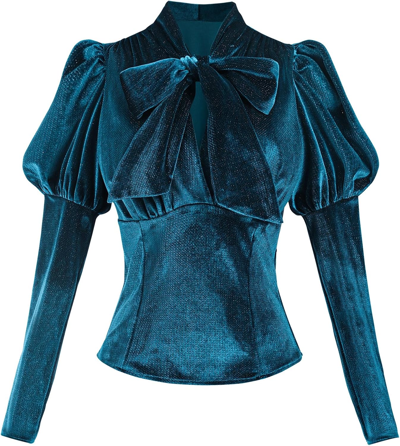 FCCAM Blue Velvet Tops for Women Long Sleeve Womens Victorian Blouse Shirt with Bow Tie - Image 4
