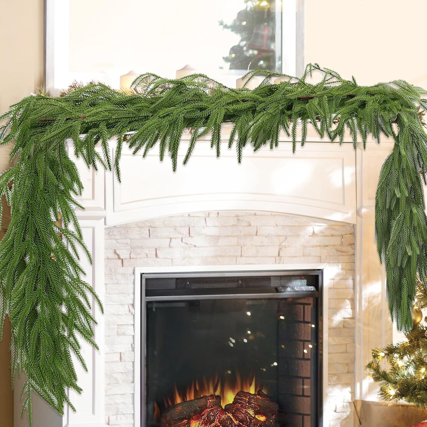 2 Pcs 9 Feet Artificial Norfolk Pine Garlands Realistic Pine Greenery Garlands Real Touch Norfolk Garland for Table, Mantle, Wall, Indoor, Outdoor Christmas Decoration